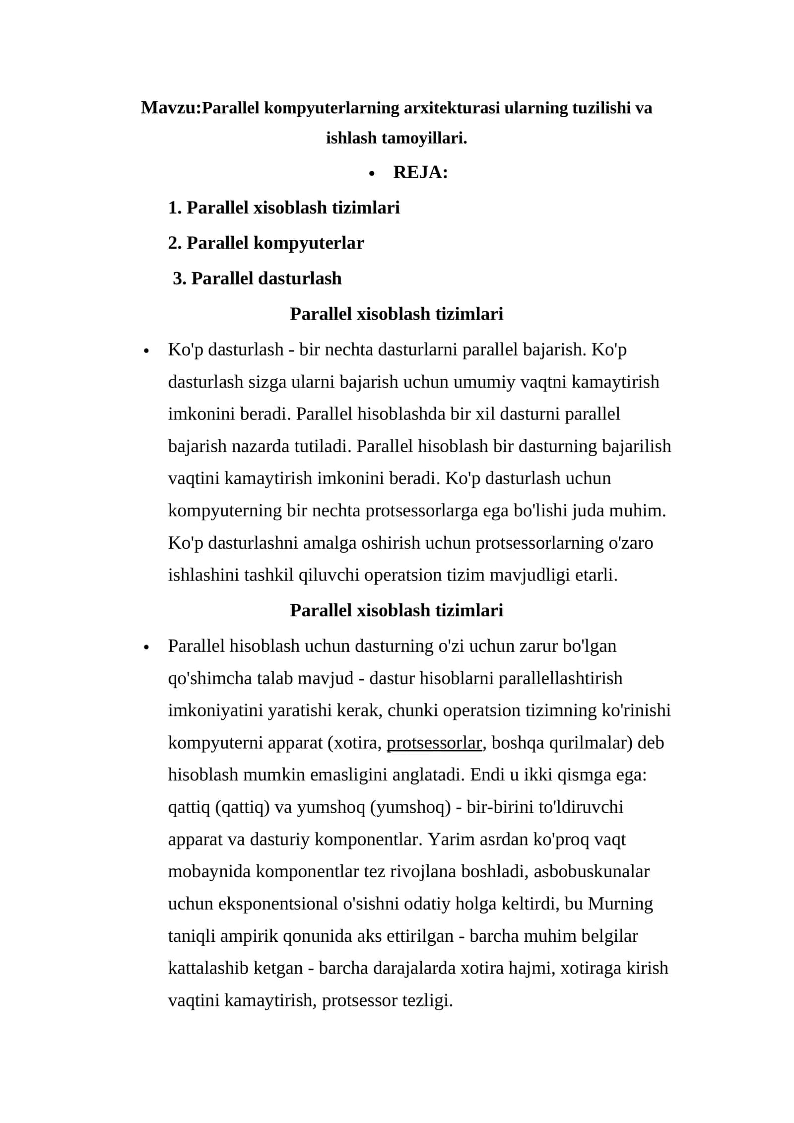 Parallel kompyuterlarning arxitekturasi ularning tuzilishi va ishlash tamoyillari