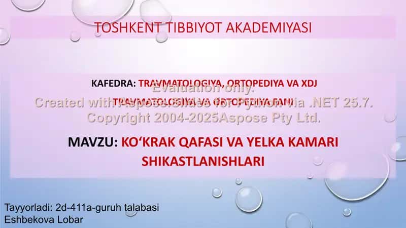 KO‘KRAK QAFASI VA YELKA KAMARI SHIKASTLANISHLARI. OPERATIV VA KONSERVATIV DAVOLASH