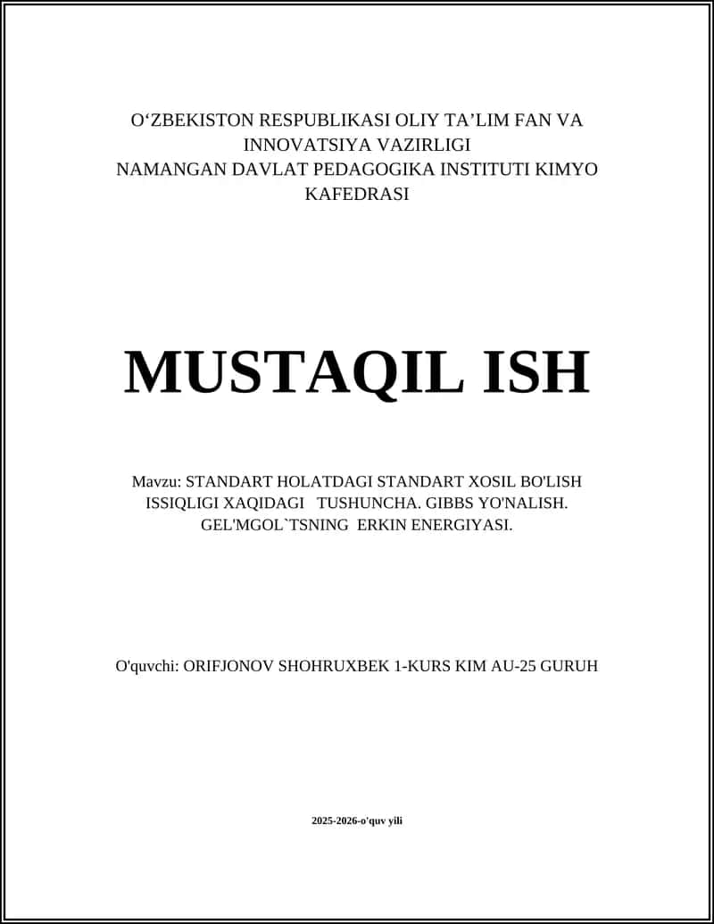 STANDART HOLATDAGI STANDART XOSIL BO'LISH ISSIQLIGI