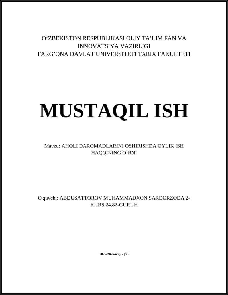 AHOLI DAROMADLARINI OSHIRISHDA OYLIK ISH HAQQINING O’RNI