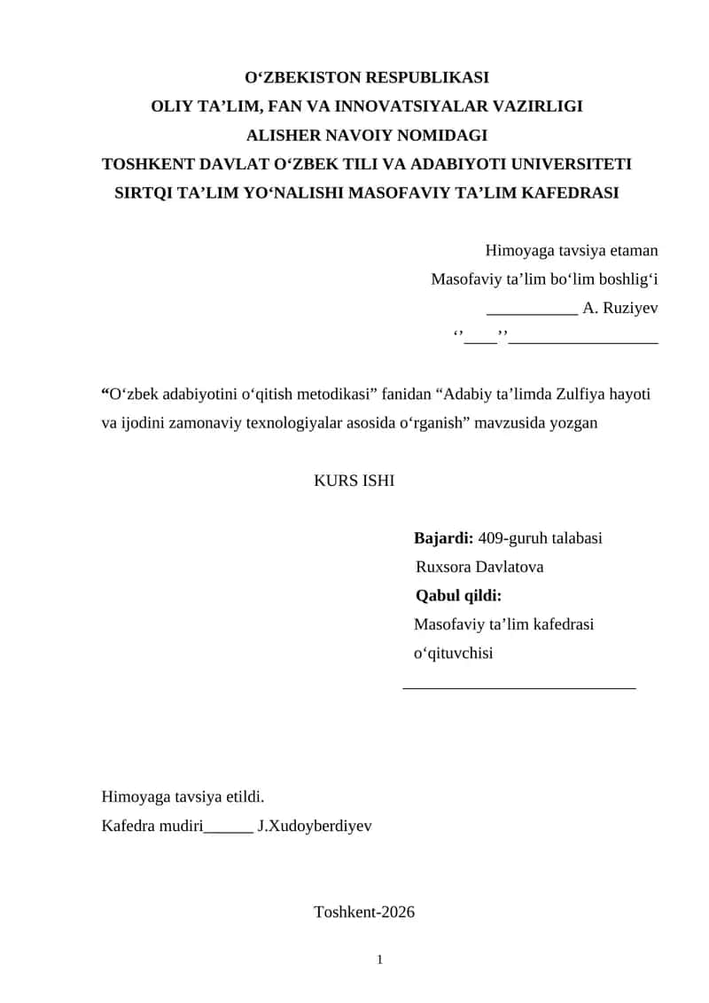 Adabiy taʼlimda Zulfiya hayoti va ijodini zamonaviy texnologiyalar asosida o‘rganish