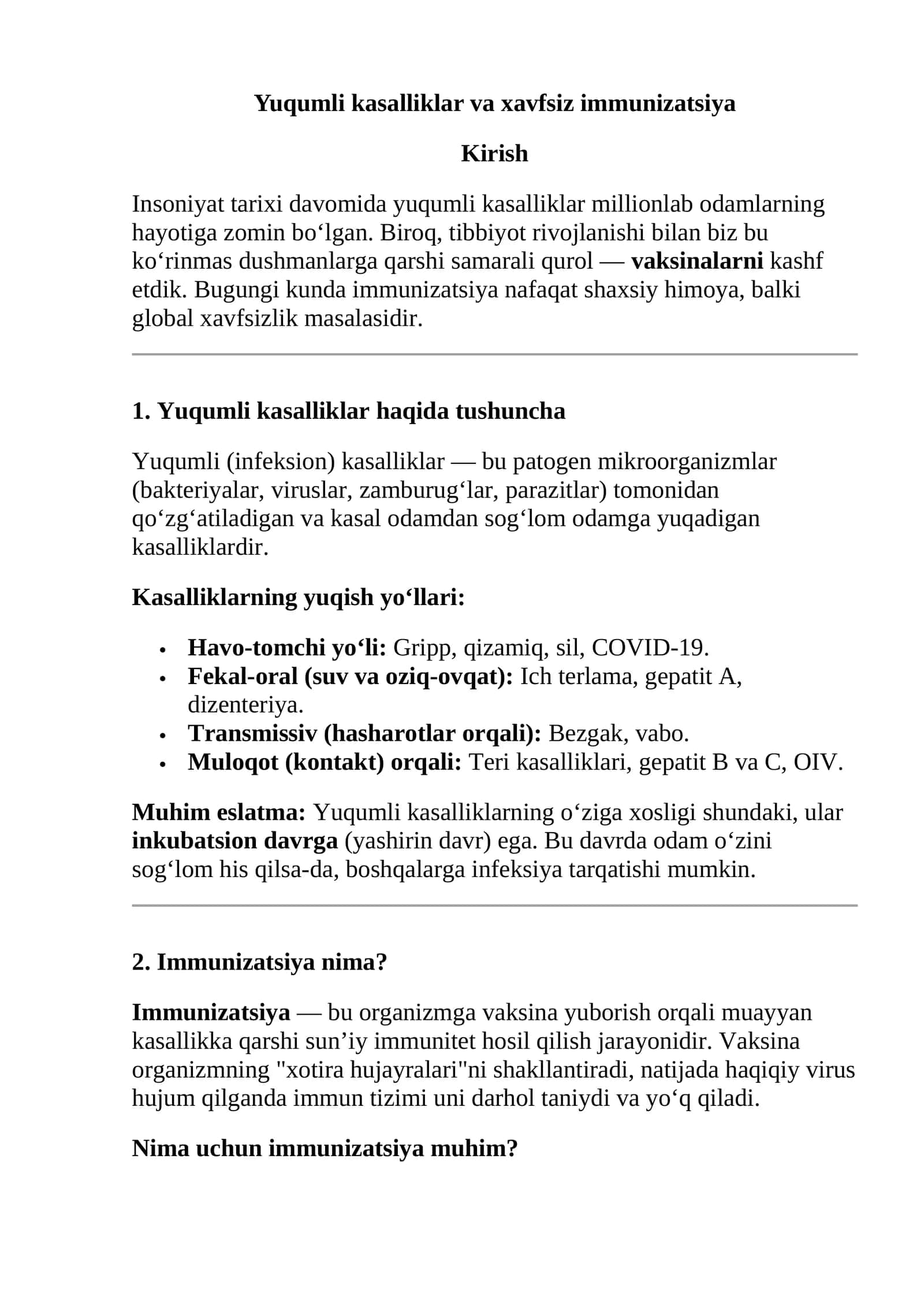 Yuqumli kasalliklar va xavfsiz immunizatsiya