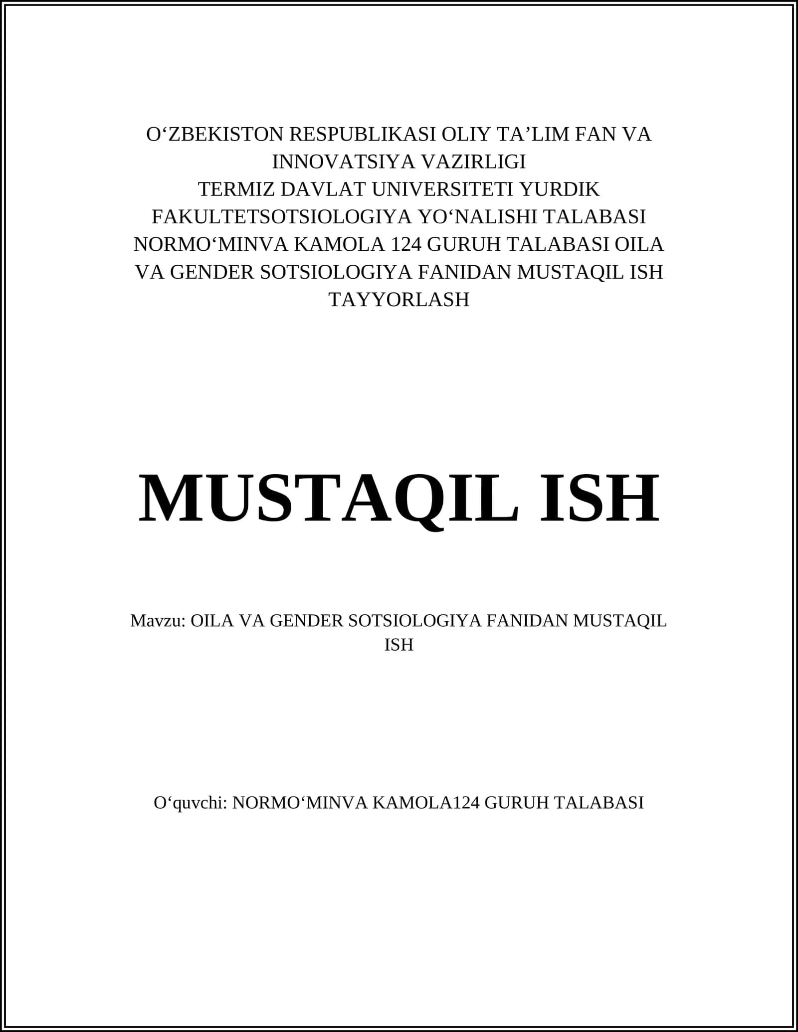 OILA VA GENDER SOTSIOLOGIYA FANIDAN MUSTAQIL ISH