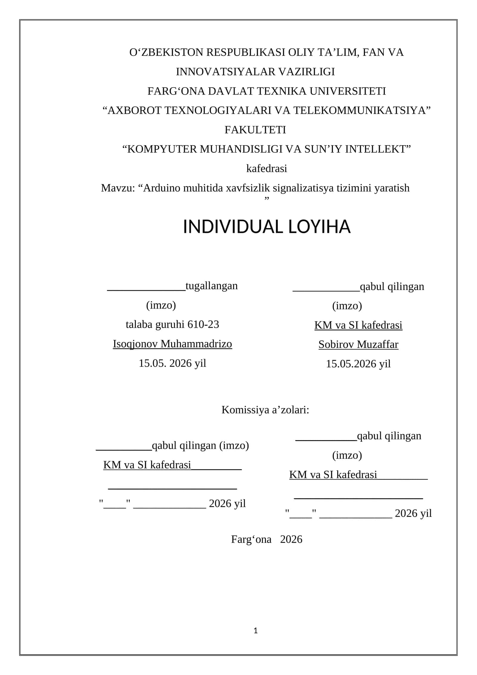 Arduino muhitida xavfsizlik signalizatisya tizimini yaratish