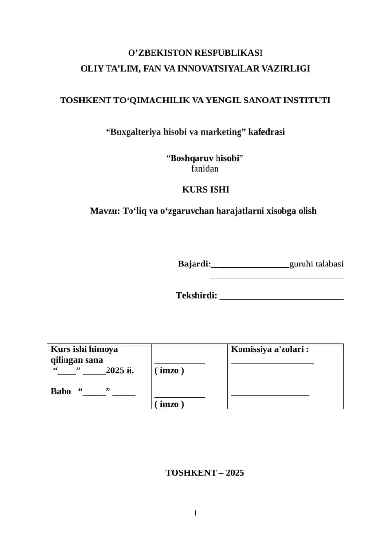 Toʻliq va oʻzgaruvchan harajatlarni xisobga olish