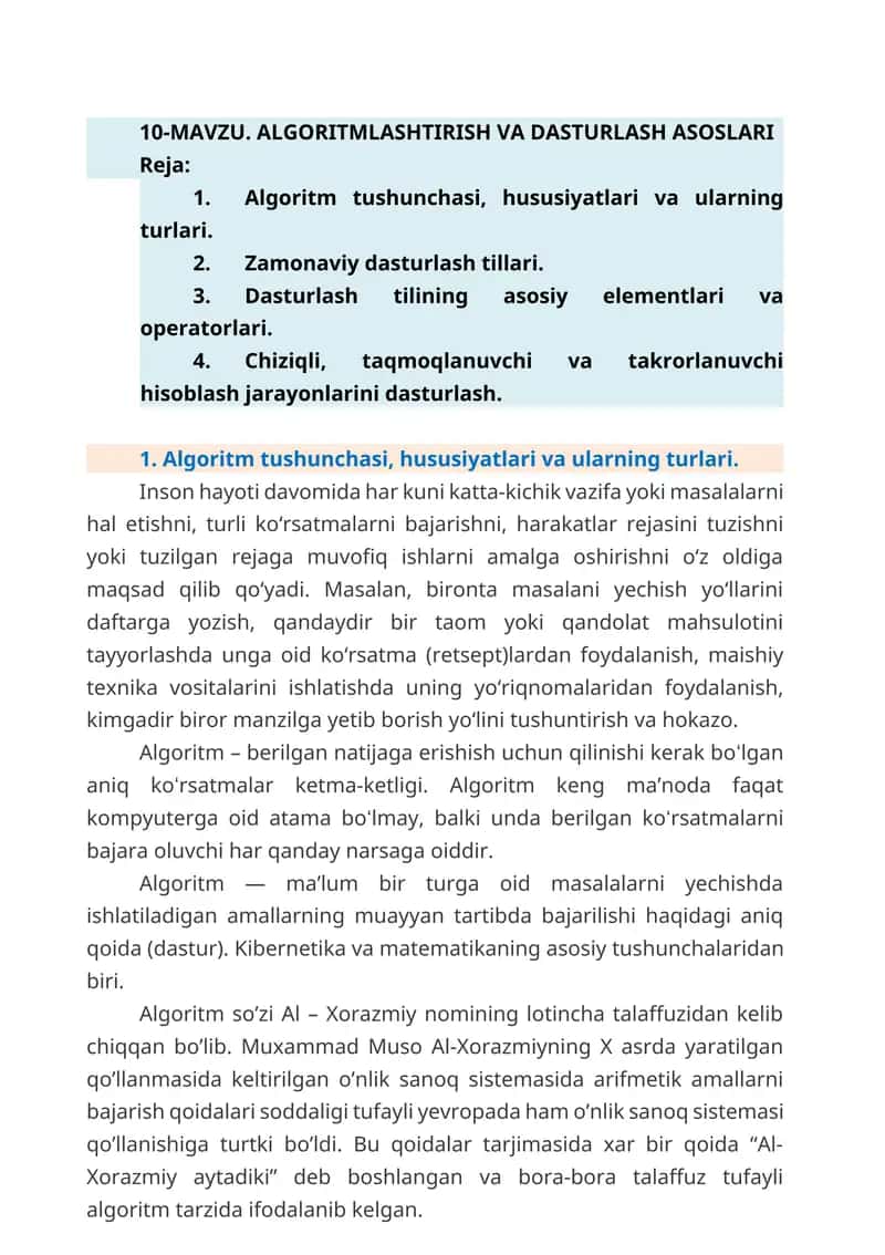 ALGORITMLASHTIRISH VA DASTURLASH ASOSLARI