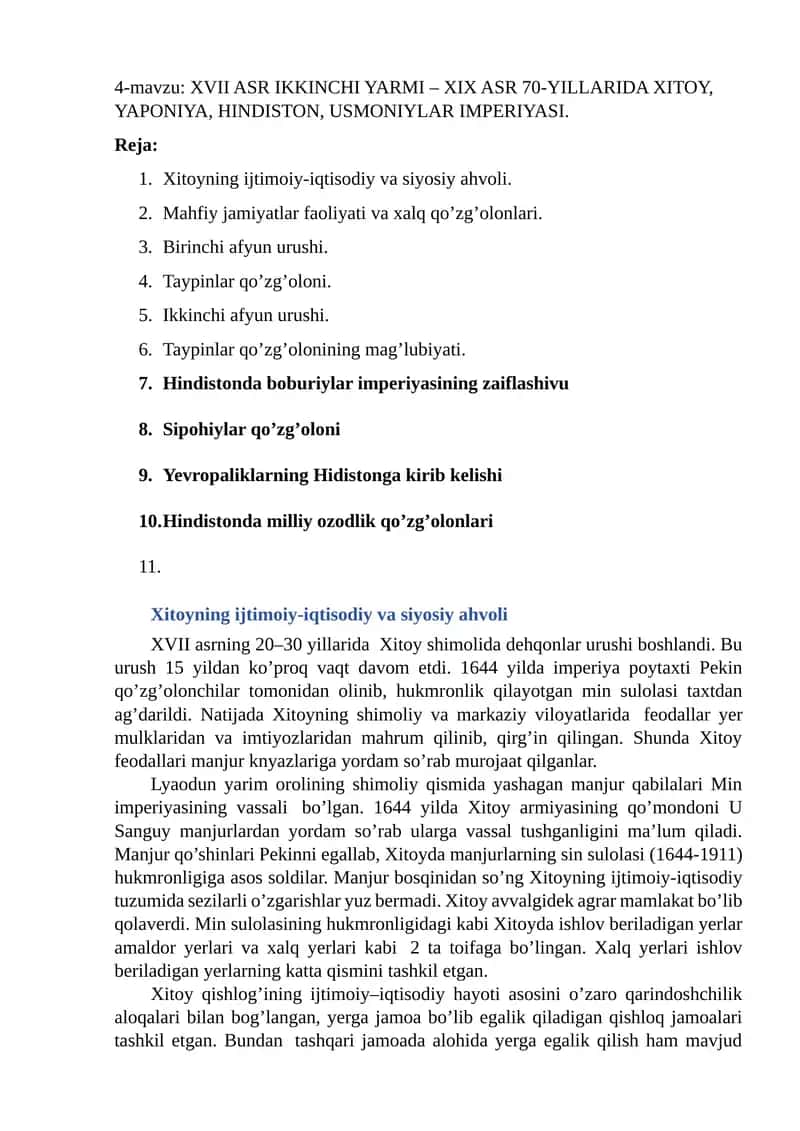 XVII ASR IKKINCHI YARMI – XIX ASR 70-YILLARIDA XITOY, YAPONIYA, HINDISTON, USMONIYLAR IMPERIYASI