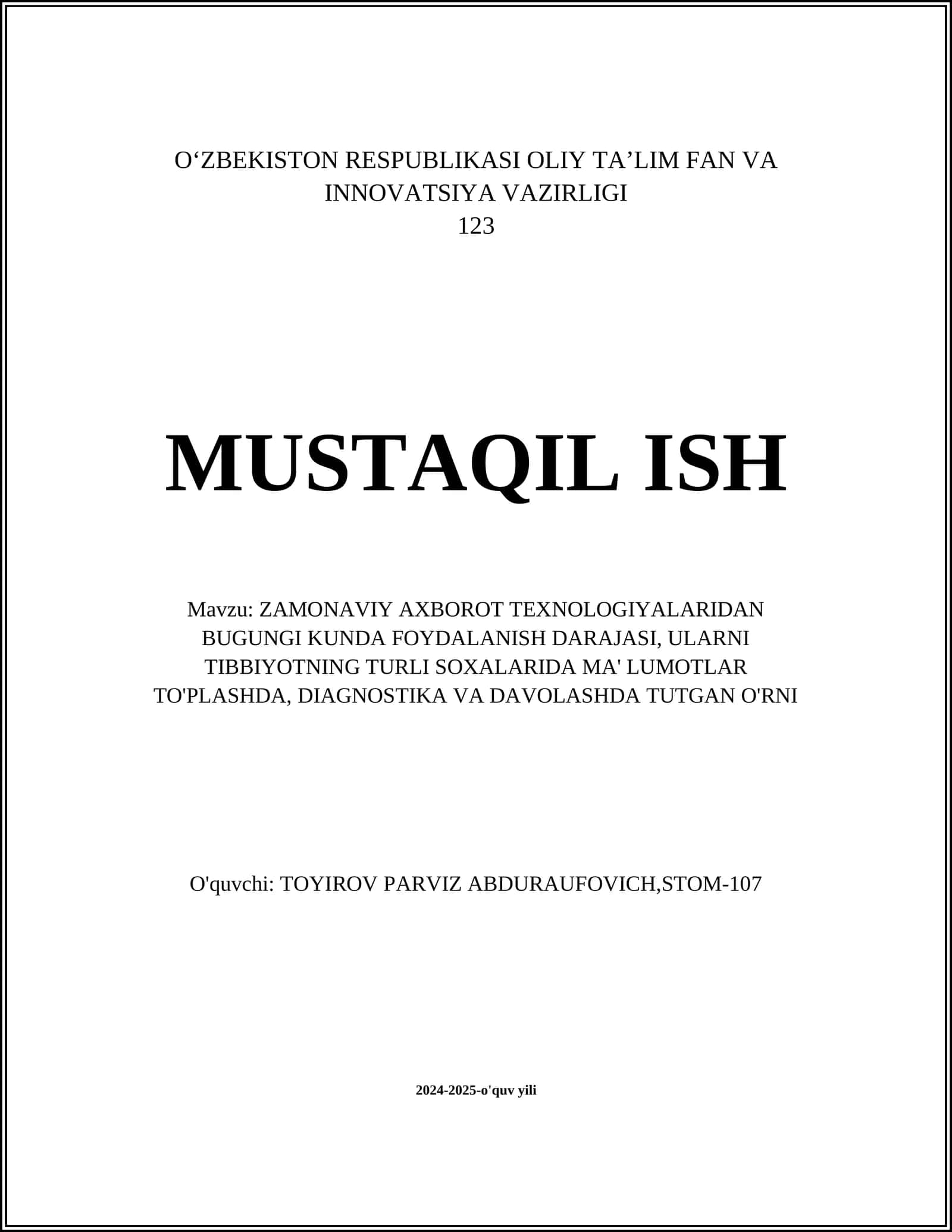 ZAMONAVIY AXBOROT TEXNOLOGIYALARIDAN BUGUNGI KUNDA FOYDALANISH DARAJASI, ULARNI TIBBIYOTNING TURLI SOXALARIDA MA' LUMOTLAR TO'PLASHDA, DIAGNOSTIKA VA DAVOLASHDA TUTGAN O'RNI