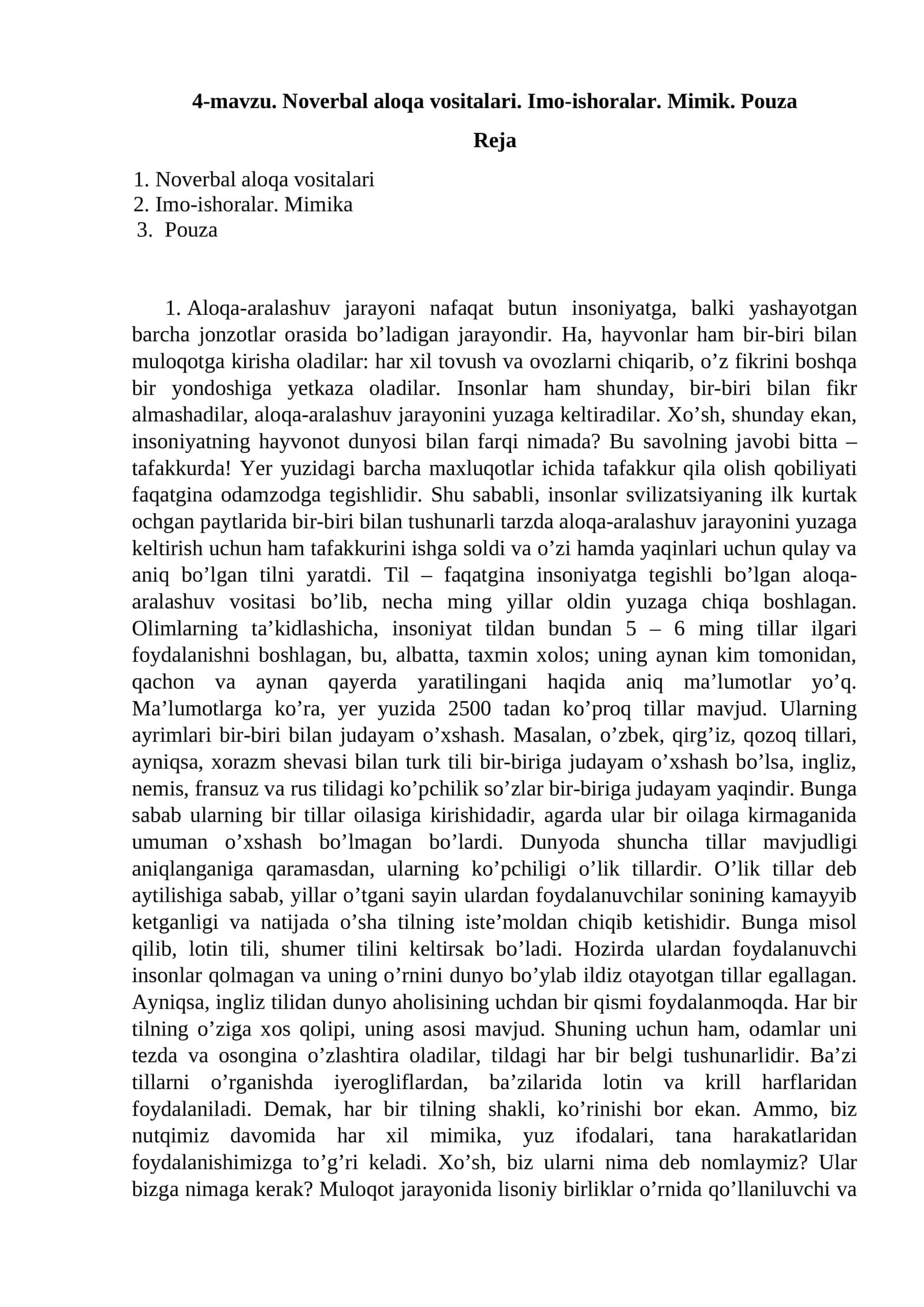 Noverbal aloqa vositalari. Imo-ishoralar. Mimik. Pouza