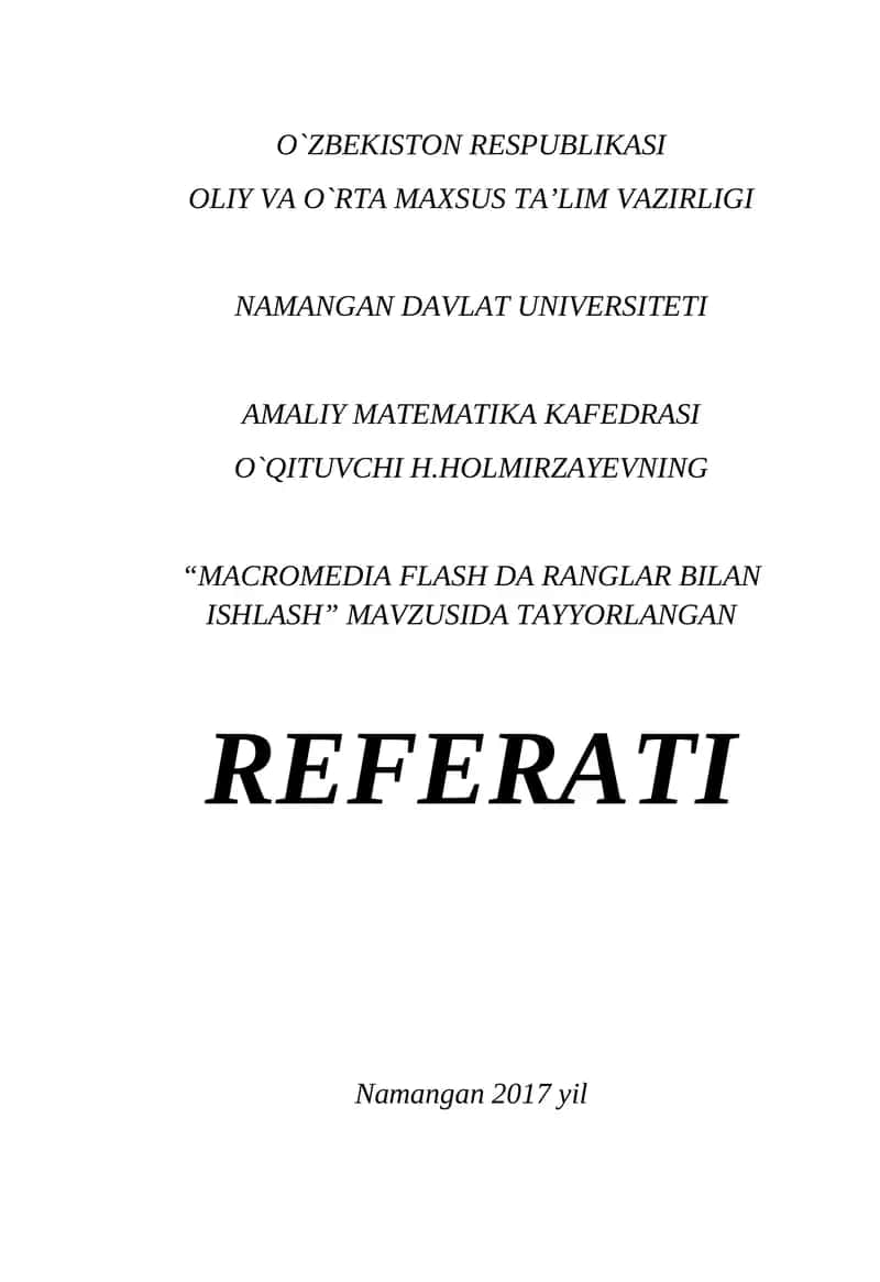"MACROMEDIA FLASH DA RANGLAR BILAN ISHLASH" REFERATI
