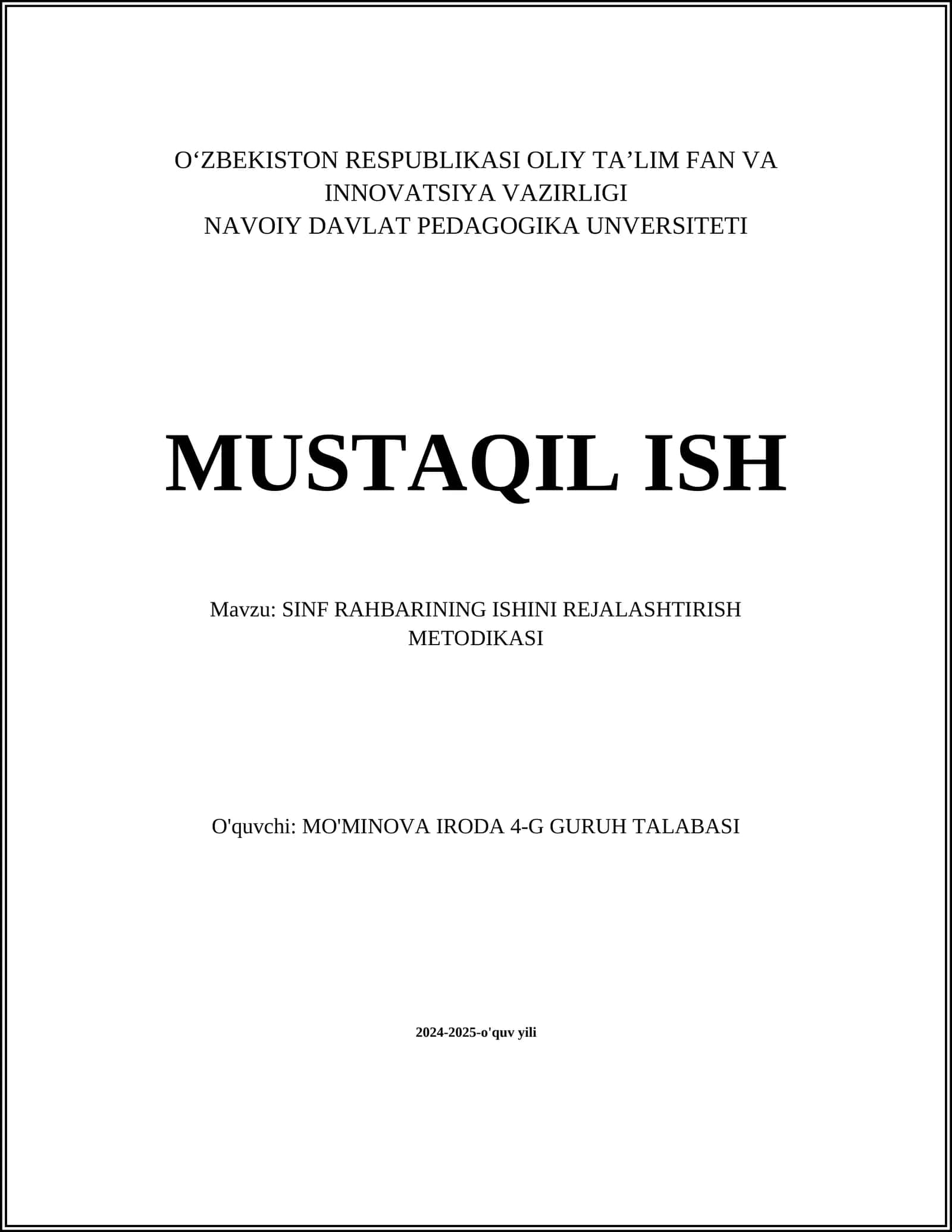 SINF RAHBARINING ISHINI REJALASHTIRISH METODIKASI