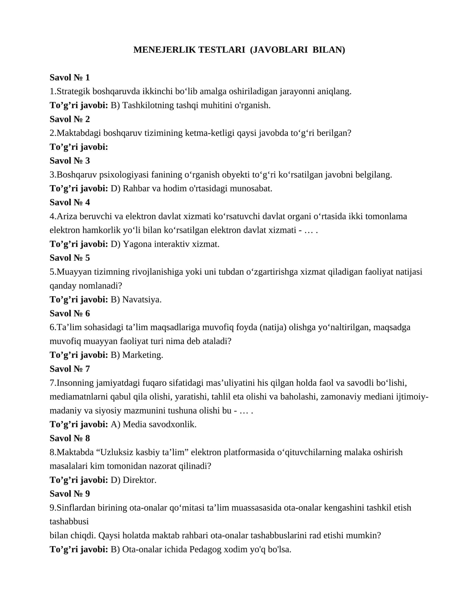 MENEJERLIK TESTLARI (JAVOBLARI BILAN)