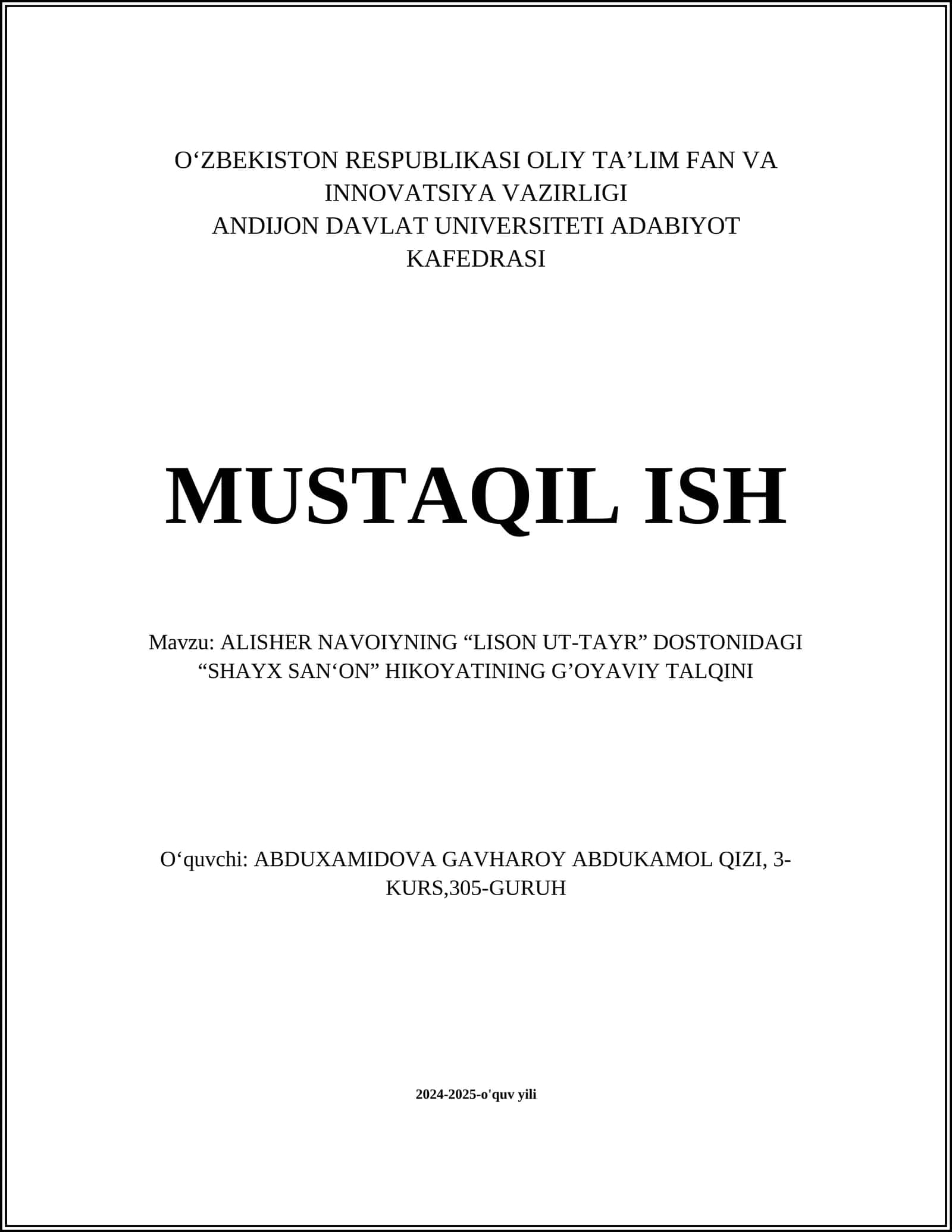 ALISHER NAVOIYNING “LISON UT-TAYR” DOSTONIDAGI “SHAYX SANʻON” HIKOYATINING G’OYAVIY TALQINI