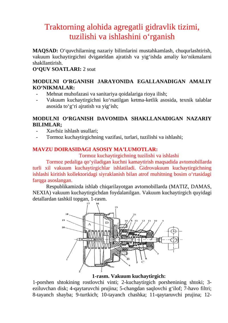 Traktorning alohida agregatli gidravlik tizimi, tuzilishi va ishlashini o‘rganish