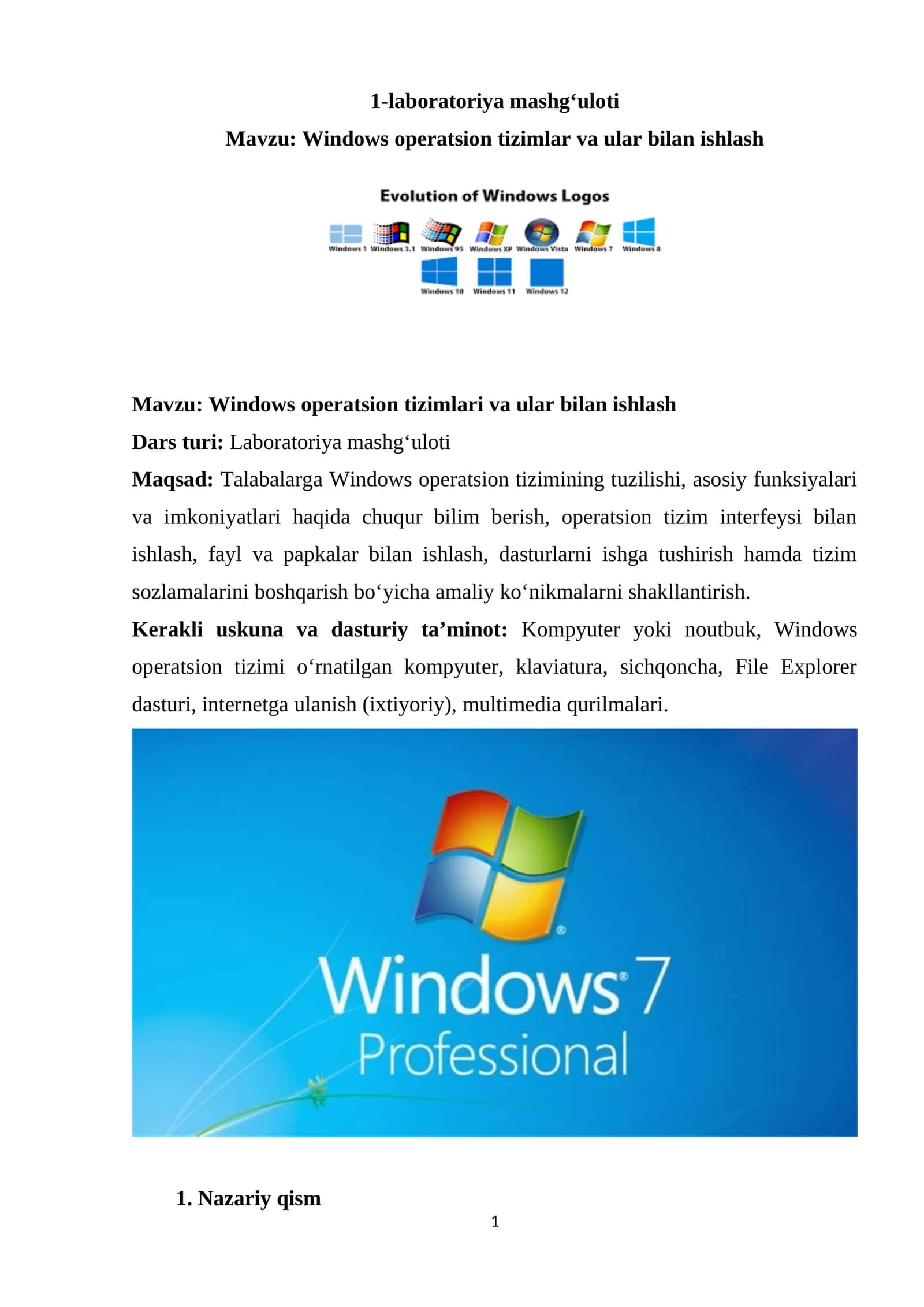 Windows operatsion tizimlar va ular bilan ishlash