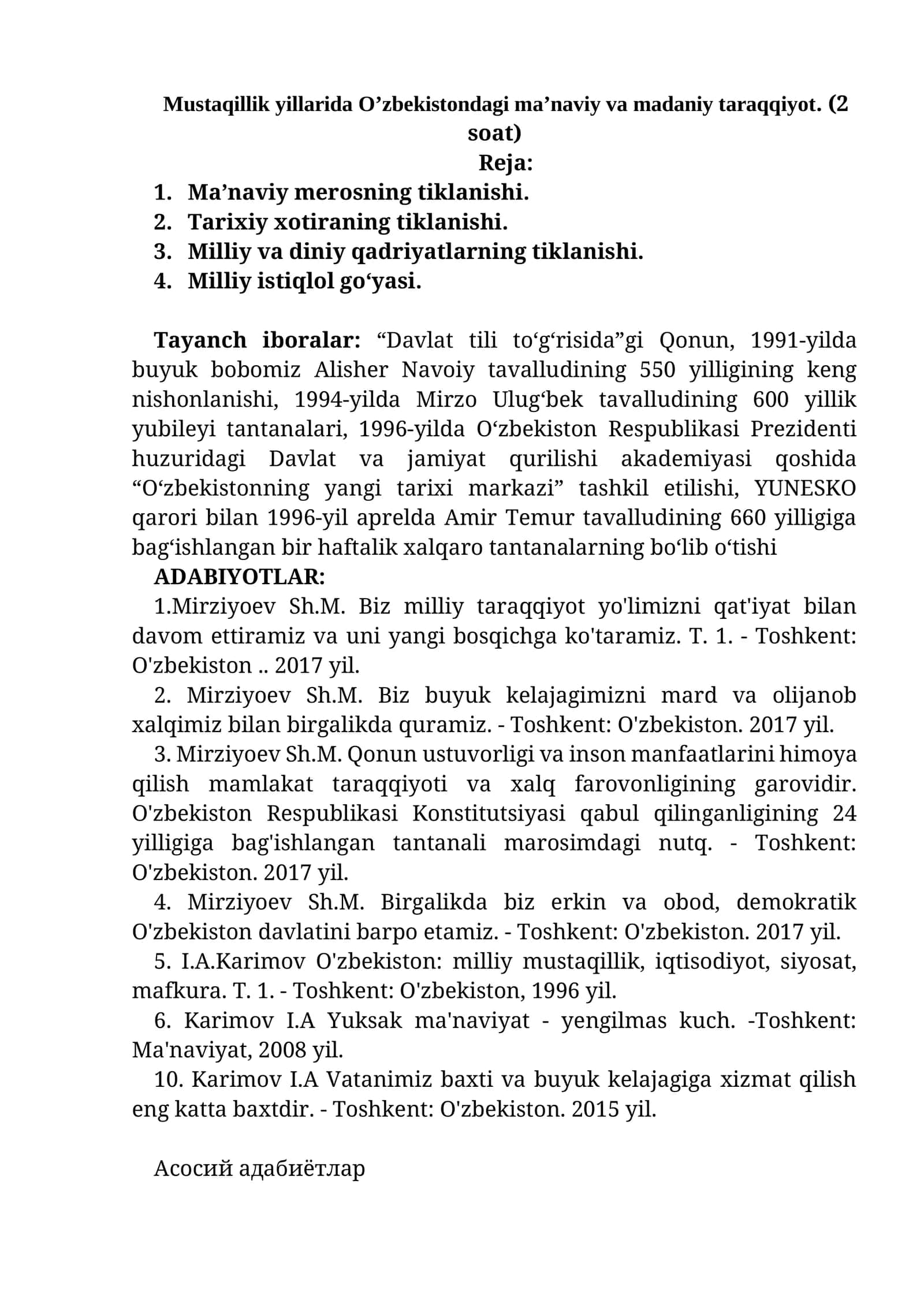 O'zbekistondagi ma'naviy va madaniy taraqqiyot