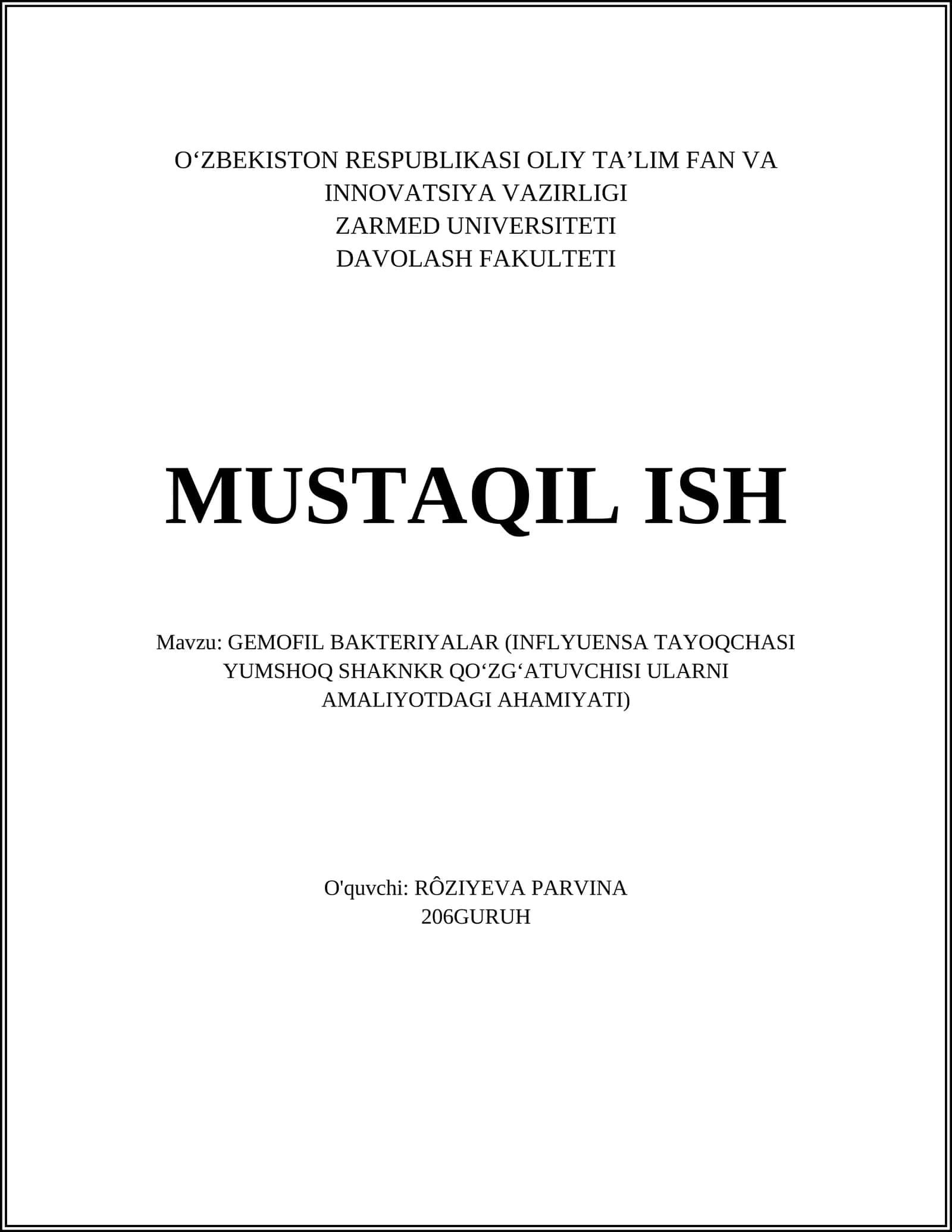 Gemofil Bakteriyalar (Influyenza Tayoqchasi Yumshoq Shang'r Qo'zg'atuvchisi Ularni Amaliyotdagi Ahamiyati)
