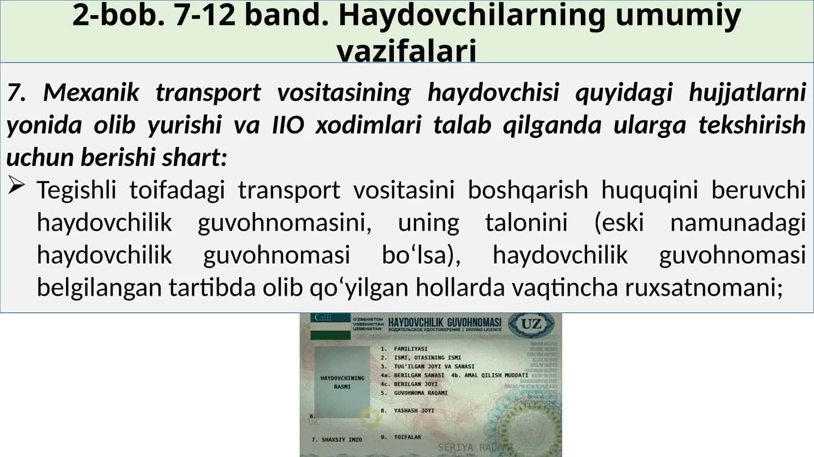 Haydovchilarning umumiy vazifalari