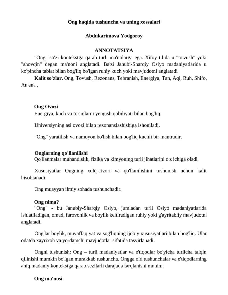Ong haqida tushuncha va uning xossalari
