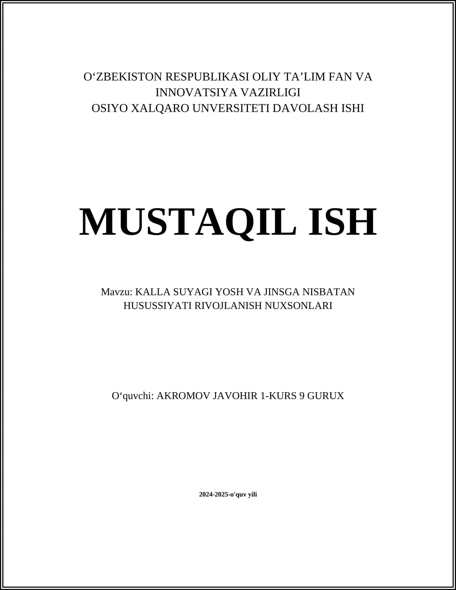 KALLA SUYAGI YOSH VA JINSGA NISBATAN HUSUSSIYATI RIVOJLANISH NUXSONLARI