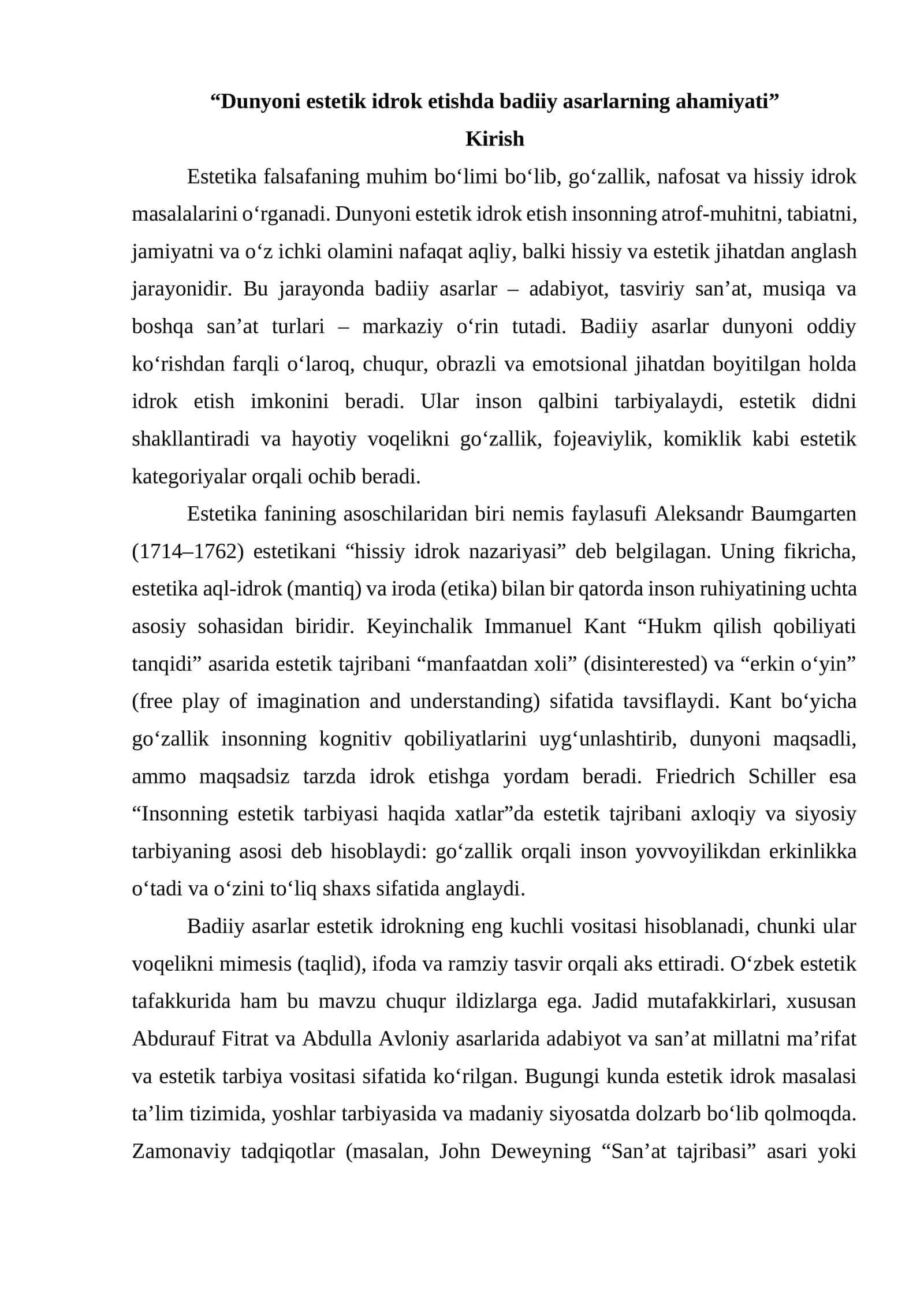 Dunyoni estetik idrok etishda badiiy asarlarning ahamiyati