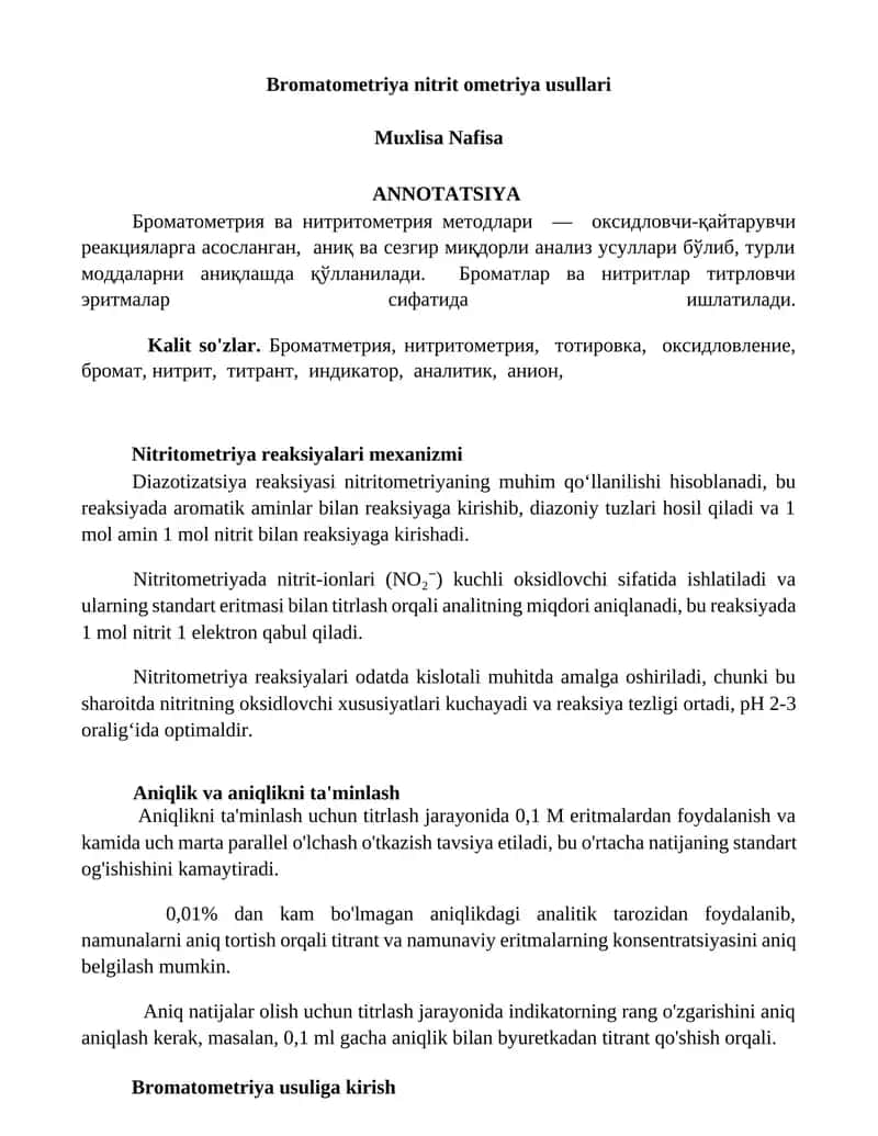 Bromatometriya nitritometriya usullari