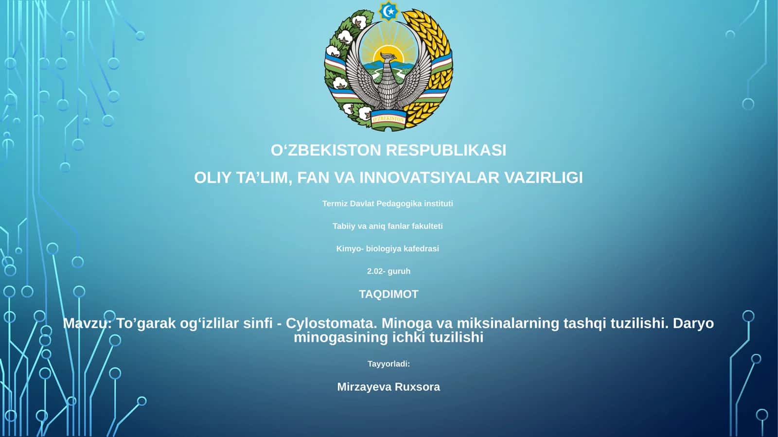 Toʼgarak ogʻizlilar sinfi - Cylostomata. Minoga va miksinalarning tashqi tuzilishi. Daryo minogasining ichki tuzilishi