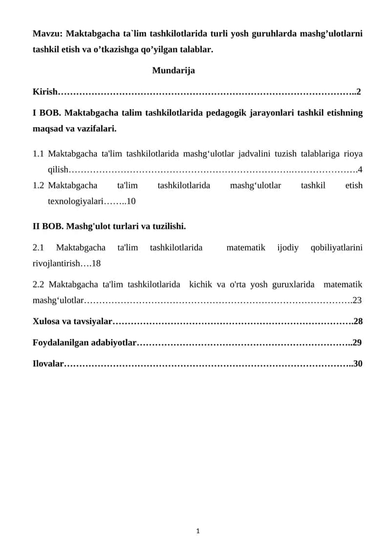 Maktabgacha ta'lim tashkilotlarida turli yosh guruhlarda mashg’ulotlarni tashkil etish va o’tkazishga qo’yilgan talablar