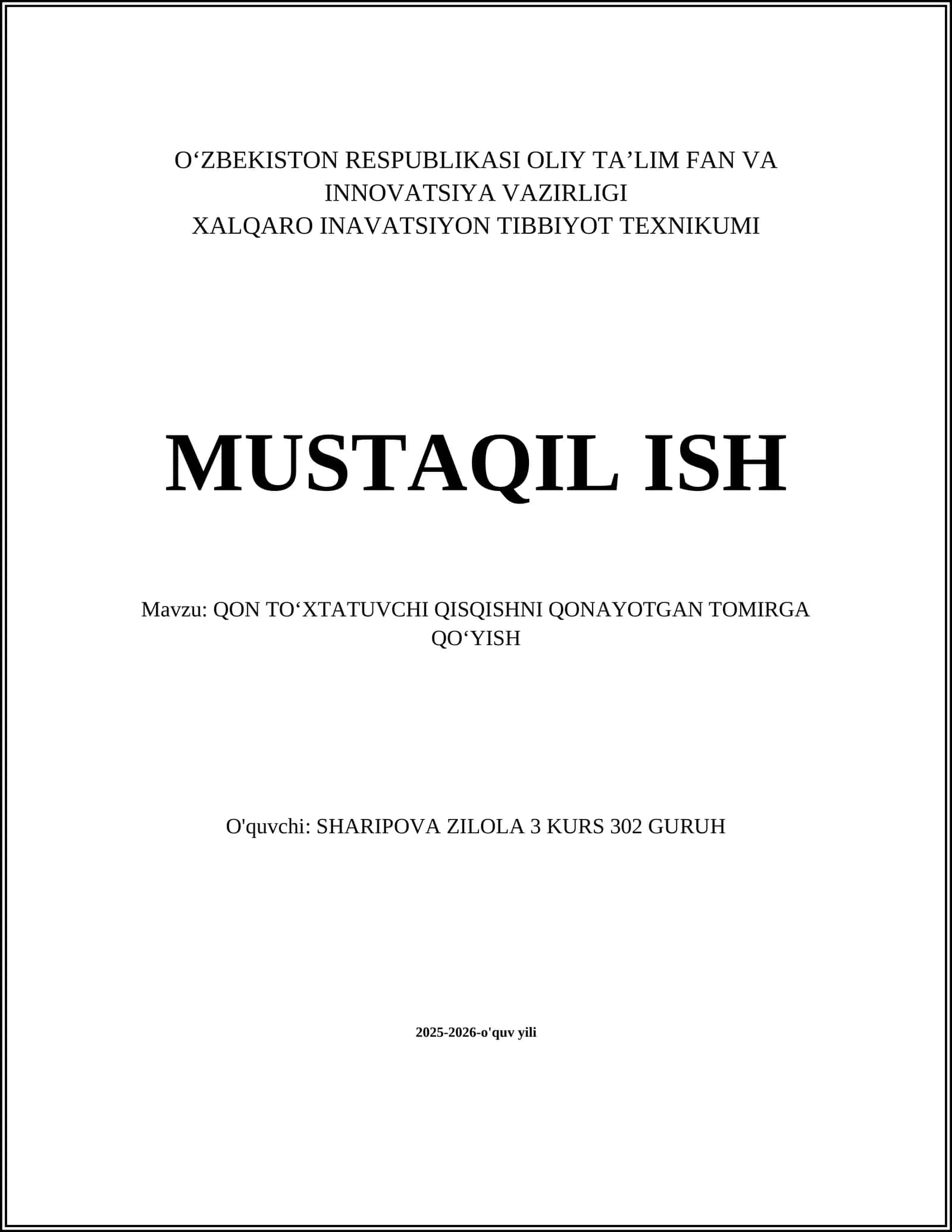 QON TO'XTATUVCHI QISQISHNI QONAYOTGAN TOMIRGA QO'YISH