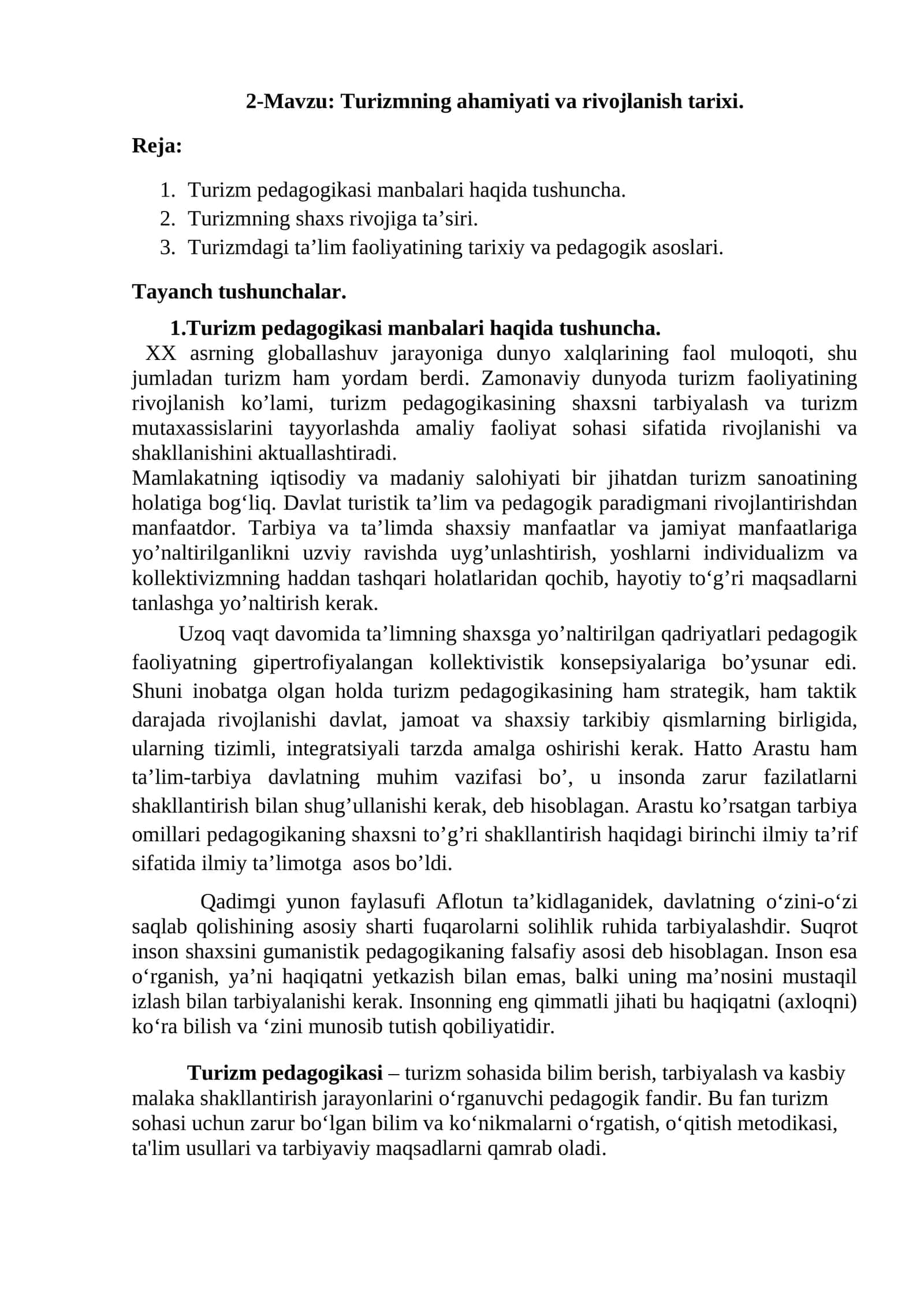 Turizmning ahamiyati va rivojlanish tarixi