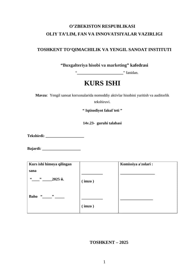 Yengil sanoat korxonalarida nomoddiy aktivlar hisobini yuritish va auditorlik tekshiruvi