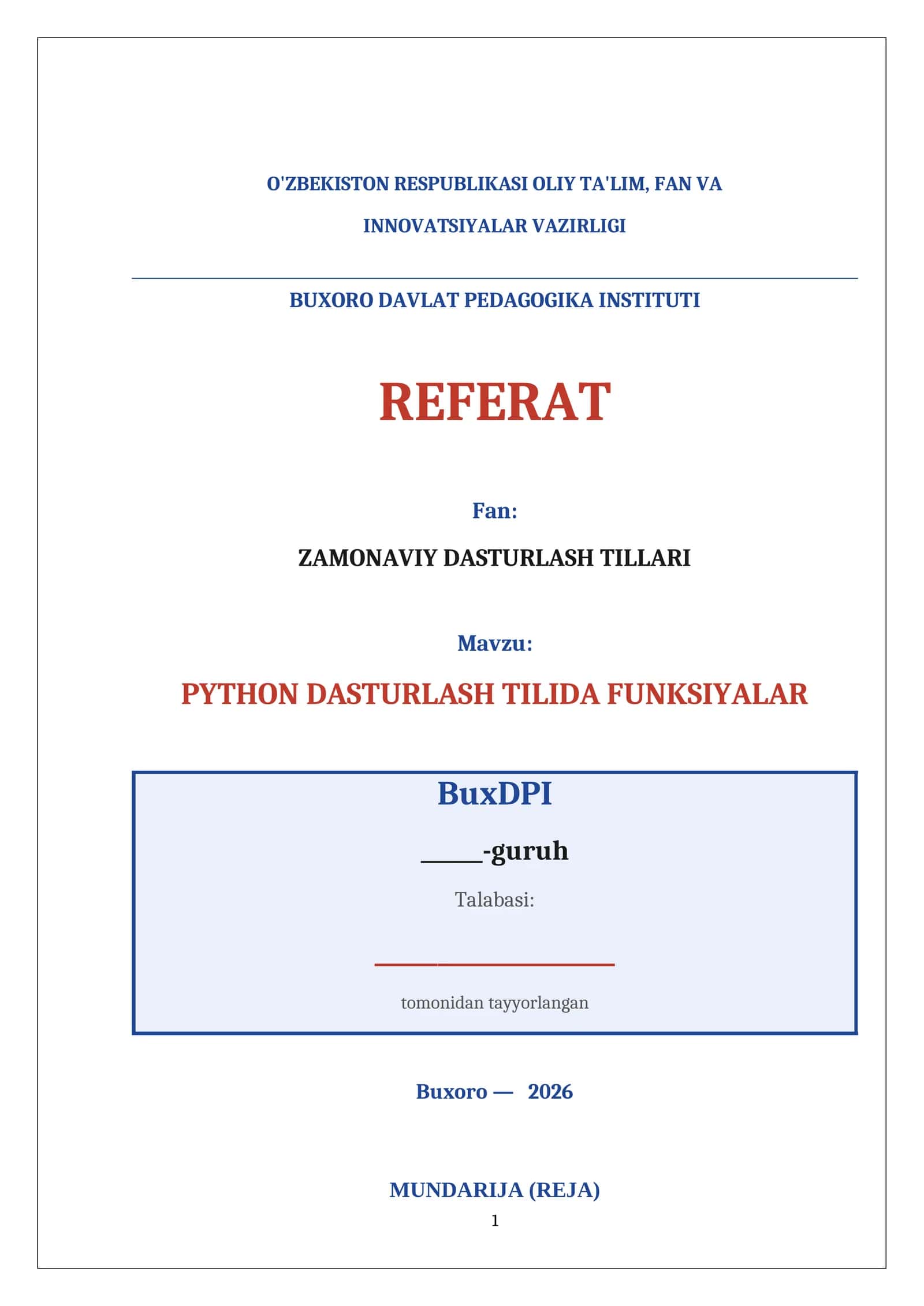 PYTHON DASTURLASH TILIDA FUNKSIYALAR