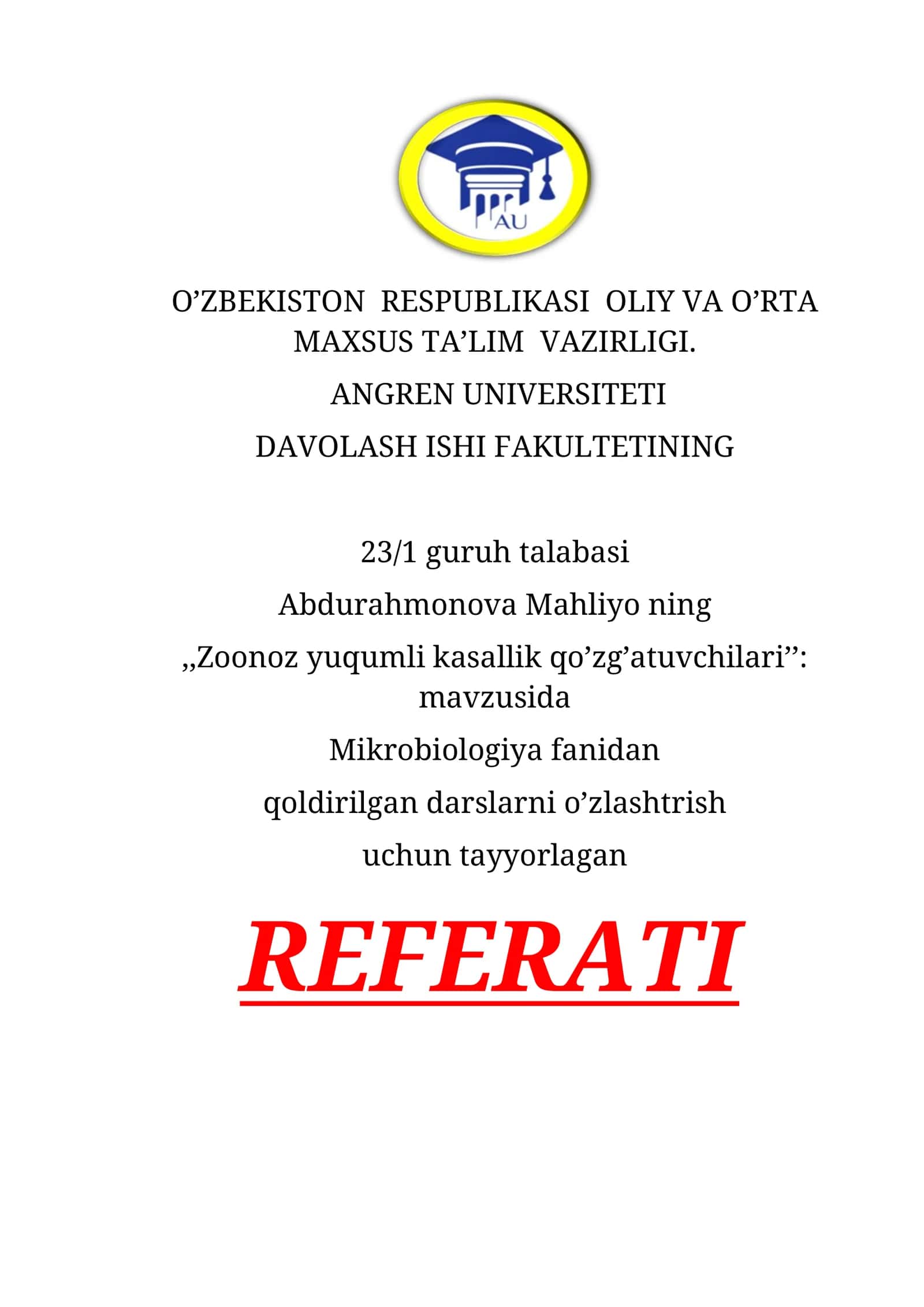 Zoonoz yuqumli kasallik qo’zg’atuvchilari
