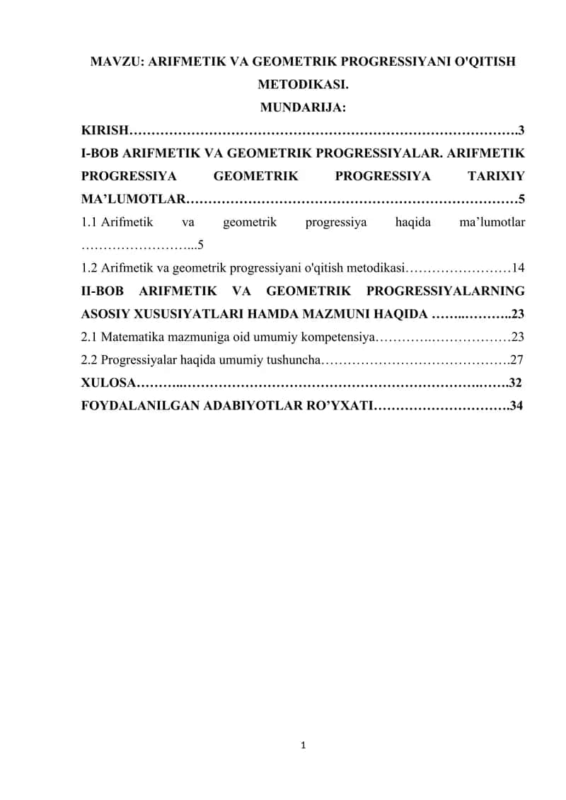 ARIFMETIK VA GEOMETRIK PROGRESSIYANI O'QITISH METODIKASI.