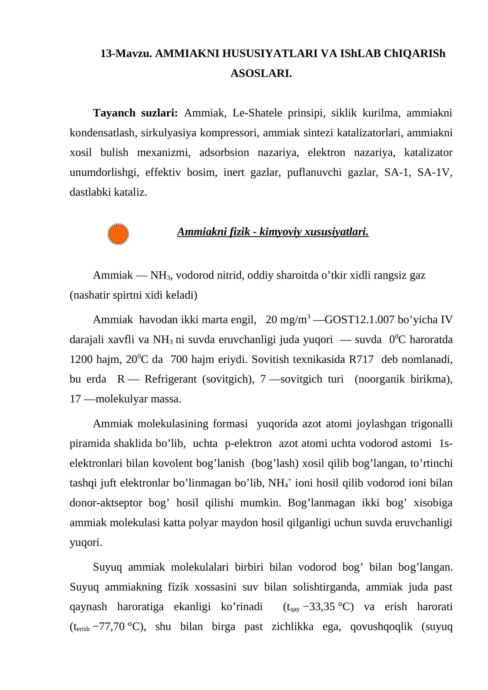 AMMIAKNI HUSUSIYАTLARI VA IShLAB ChIQARISh ASOSLARI