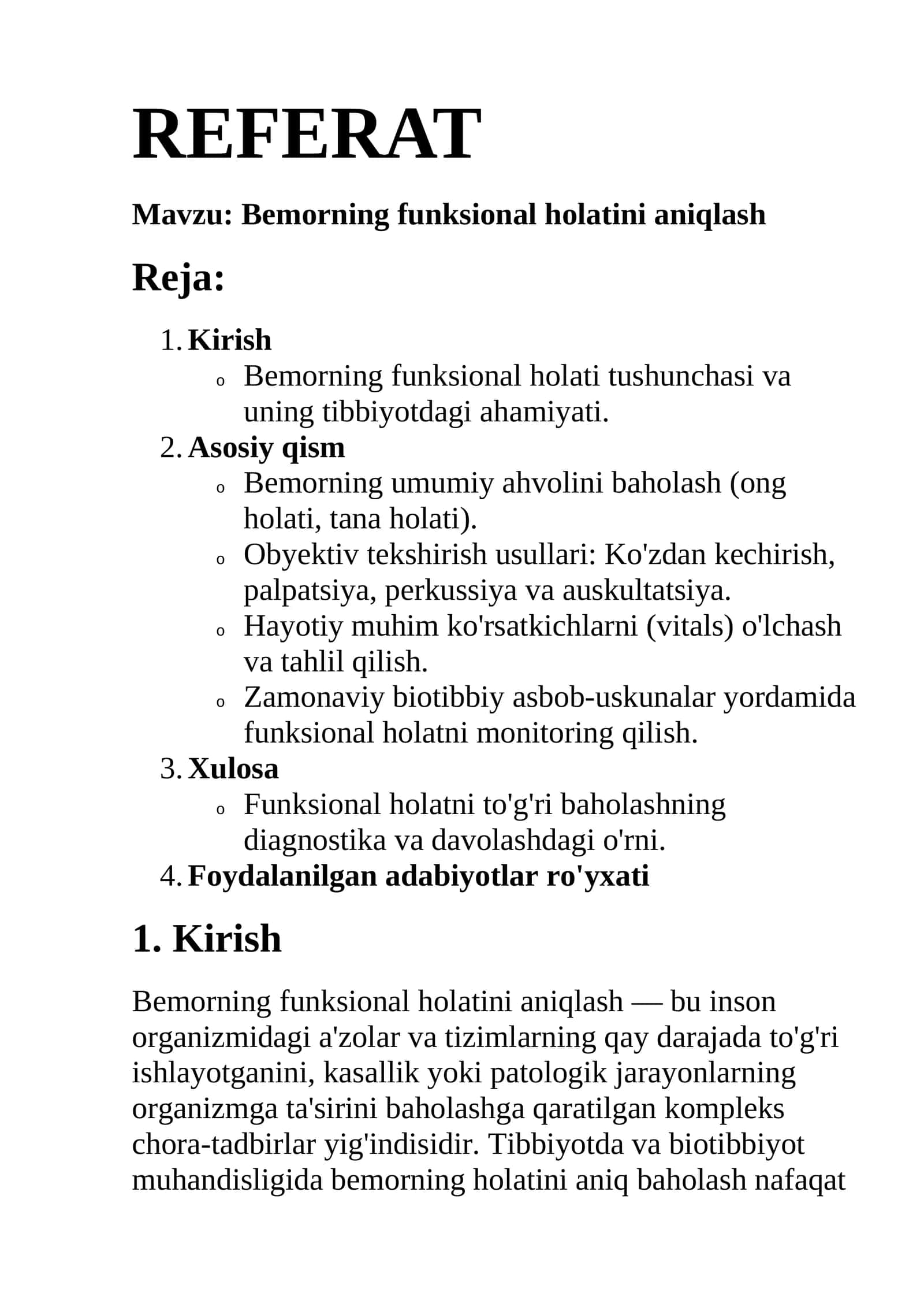 Bemorning funksional holatini aniqlash