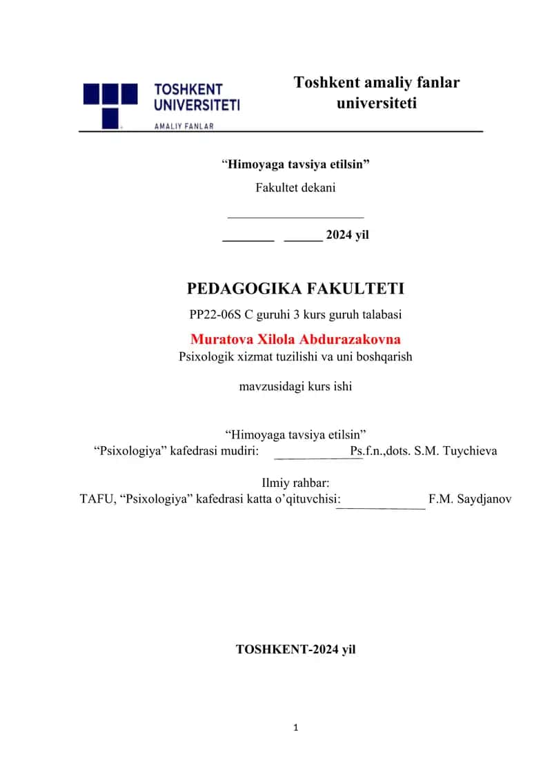 Psixologik xizmat tuzilishi va uni boshqarish