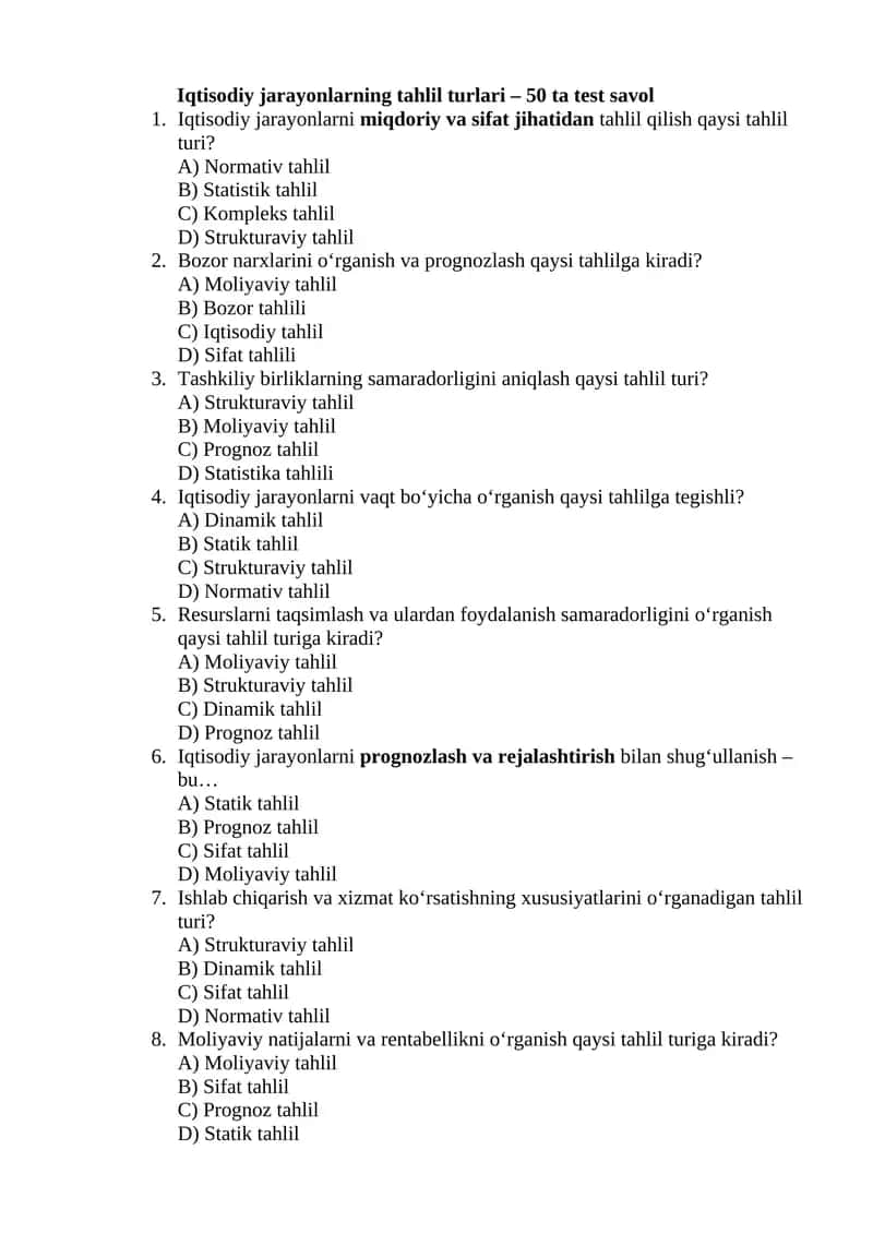 Iqtisodiy jarayonlarning tahlil turlari – 50 ta test savol