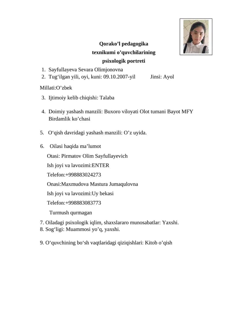 Qorako’l pedagogika texnikumi o’quvchilarining psixologik portreti