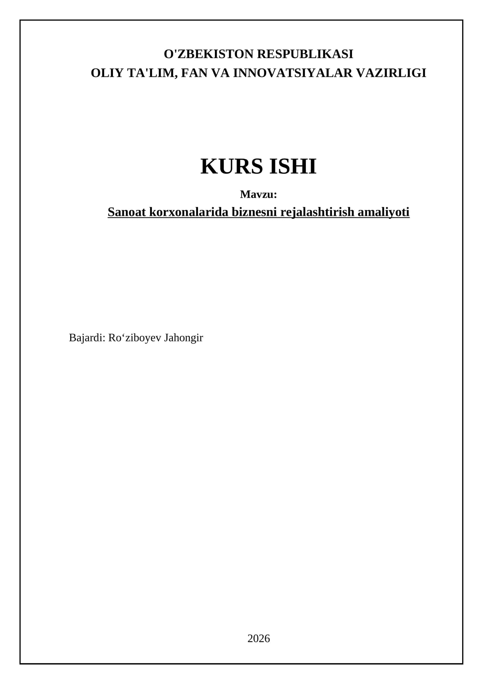 Sanoat korxonalarida biznesni rejalashtirish amaliyoti