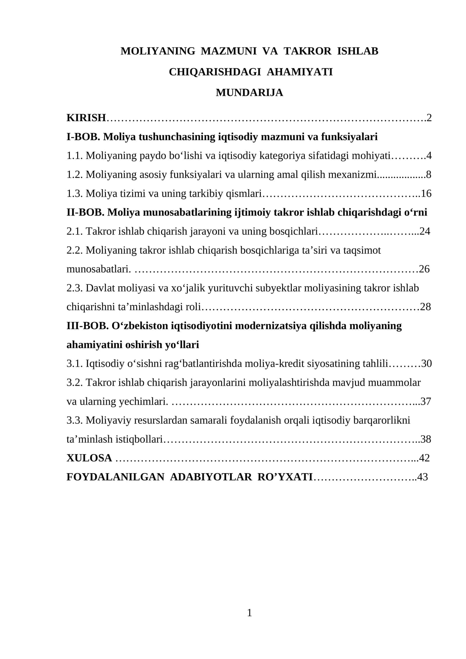 MOLIYANING MAZMUNI VA TAKROR ISHLAB CHIQARISHDAGI AHAMIYATI