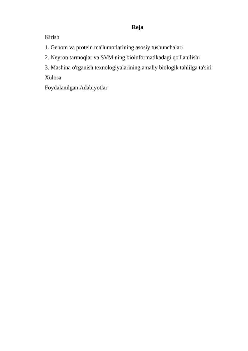 Neyron tarmoqlar va SVM ning bioinformatikadagi qo'llanilishi