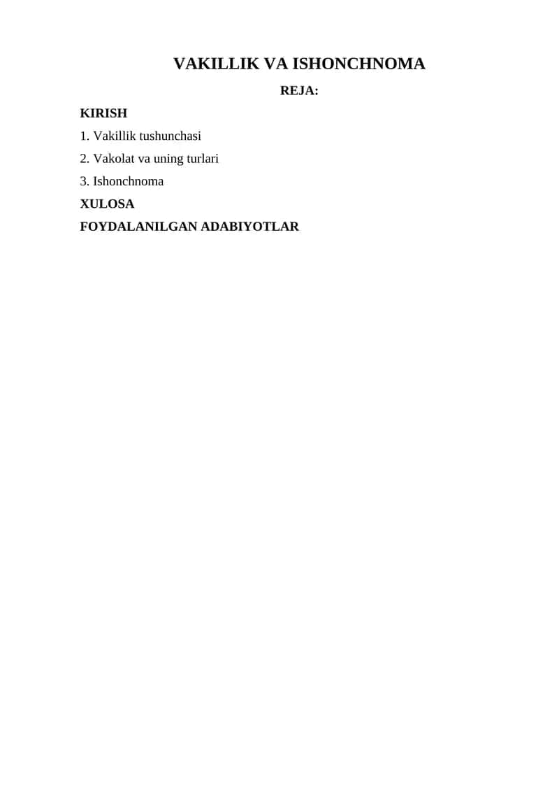 VAKILLIK VA ISHONCHNOMA