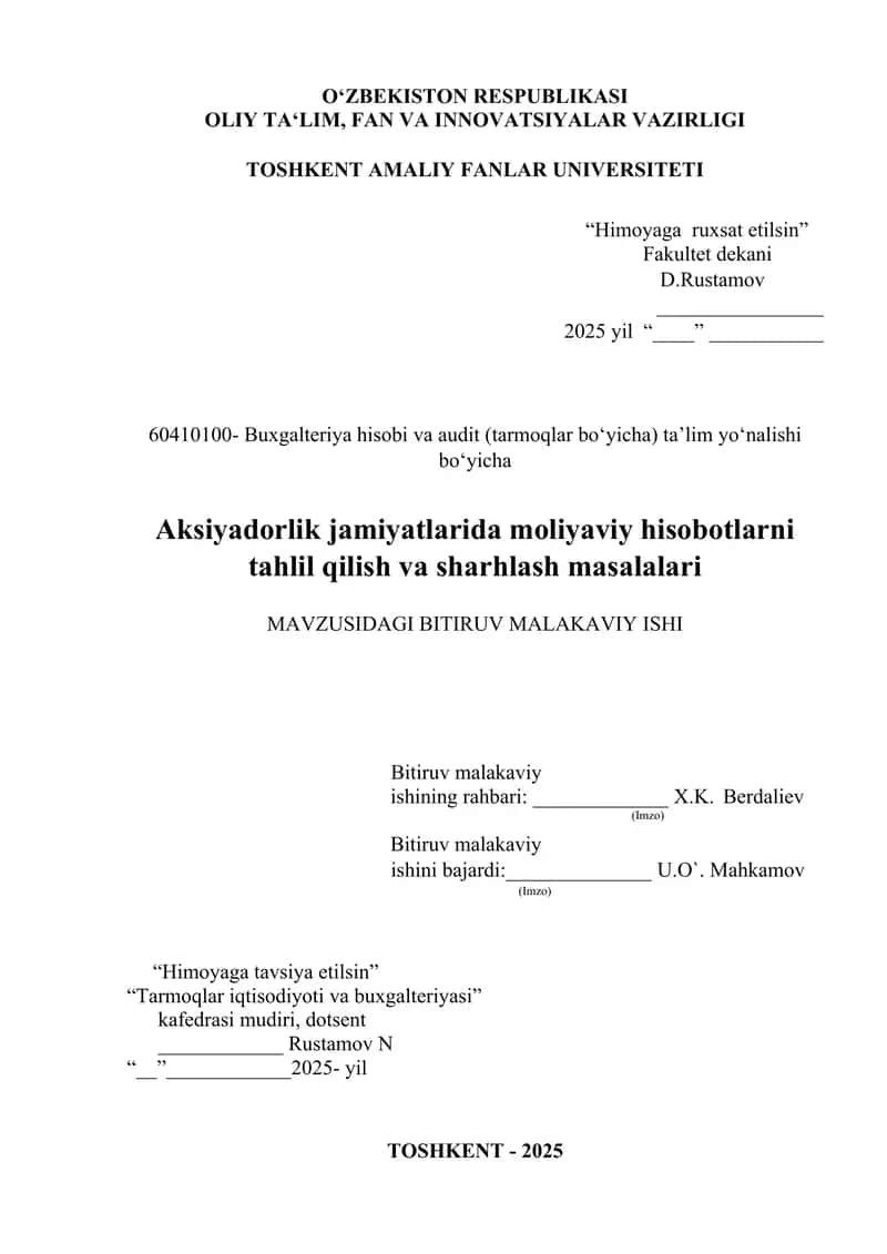 Aksiyadorlik jamiyatlarida moliyaviy hisobotlarni tahlil qilish va sharhlash masalalari