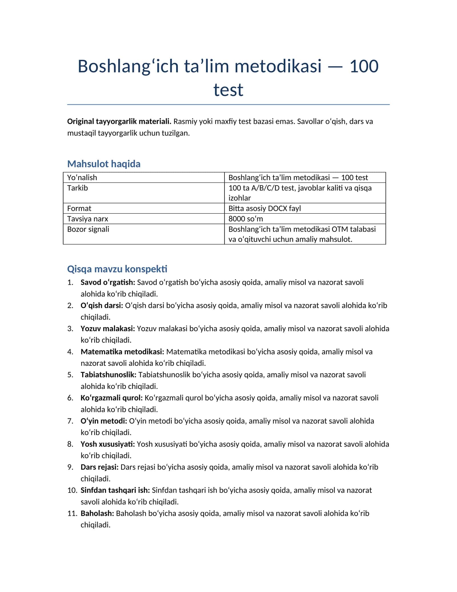 Boshlang‘ich ta’lim metodikasi — 100 test