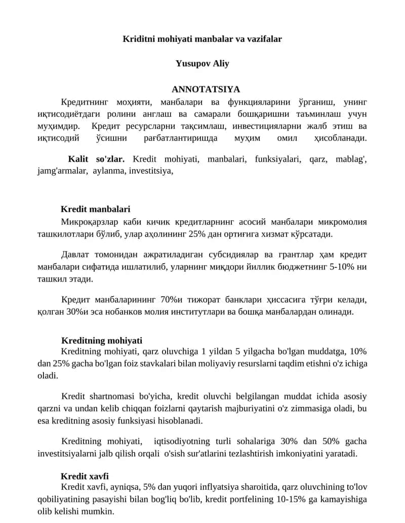 Kriditni mohiyati, manbalar va vazifalar