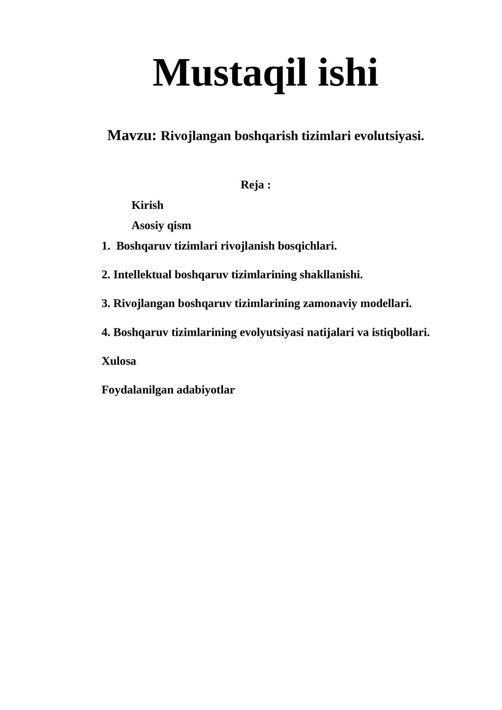 Rivojlangan boshqarish tizimlari evolutsiyasi.