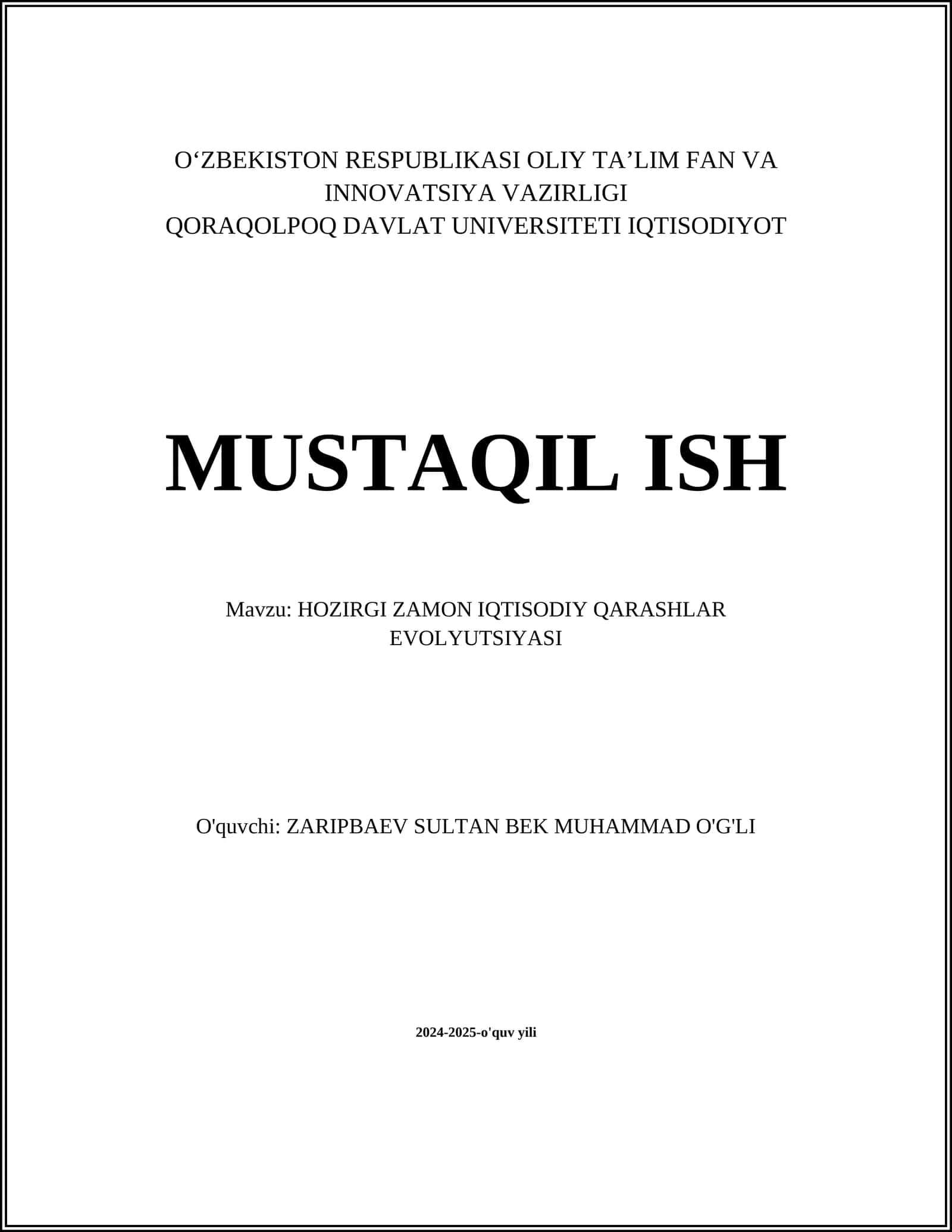 HOZIRGI ZAMON IQTISODIY QARASHLAR EVOLYUTSIYASI