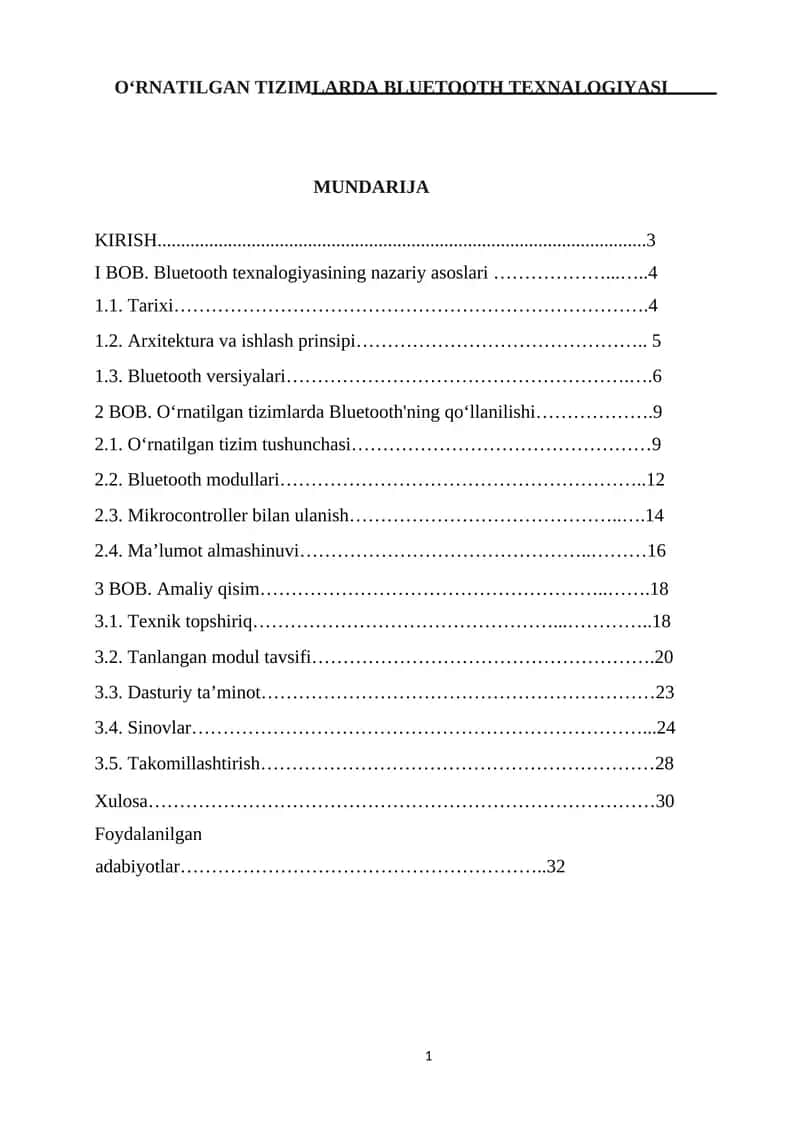 OʻRNATILGAN TIZIMLARDA BLUETOOTH TEXNALOGIYASI.