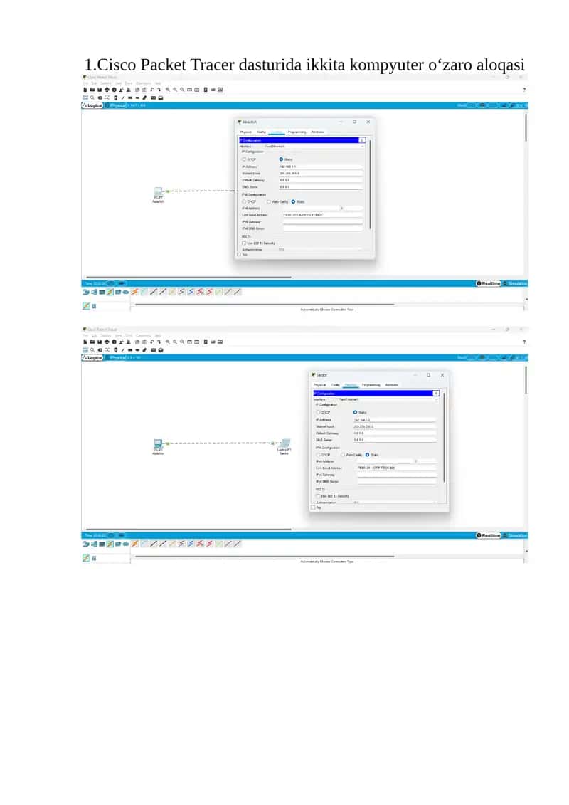 Cisco Packet Tracer dasturida ikkita kompyuter o‘zaro aloqasi